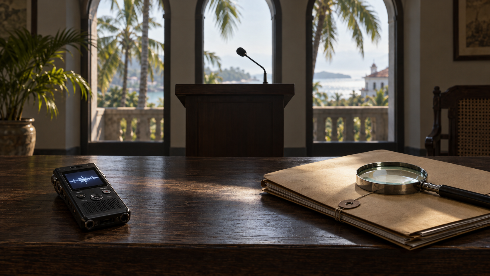 An audio recorder, an empty microphone, and a sealed document folder with a magnifying glass form a three-part evidence still life.