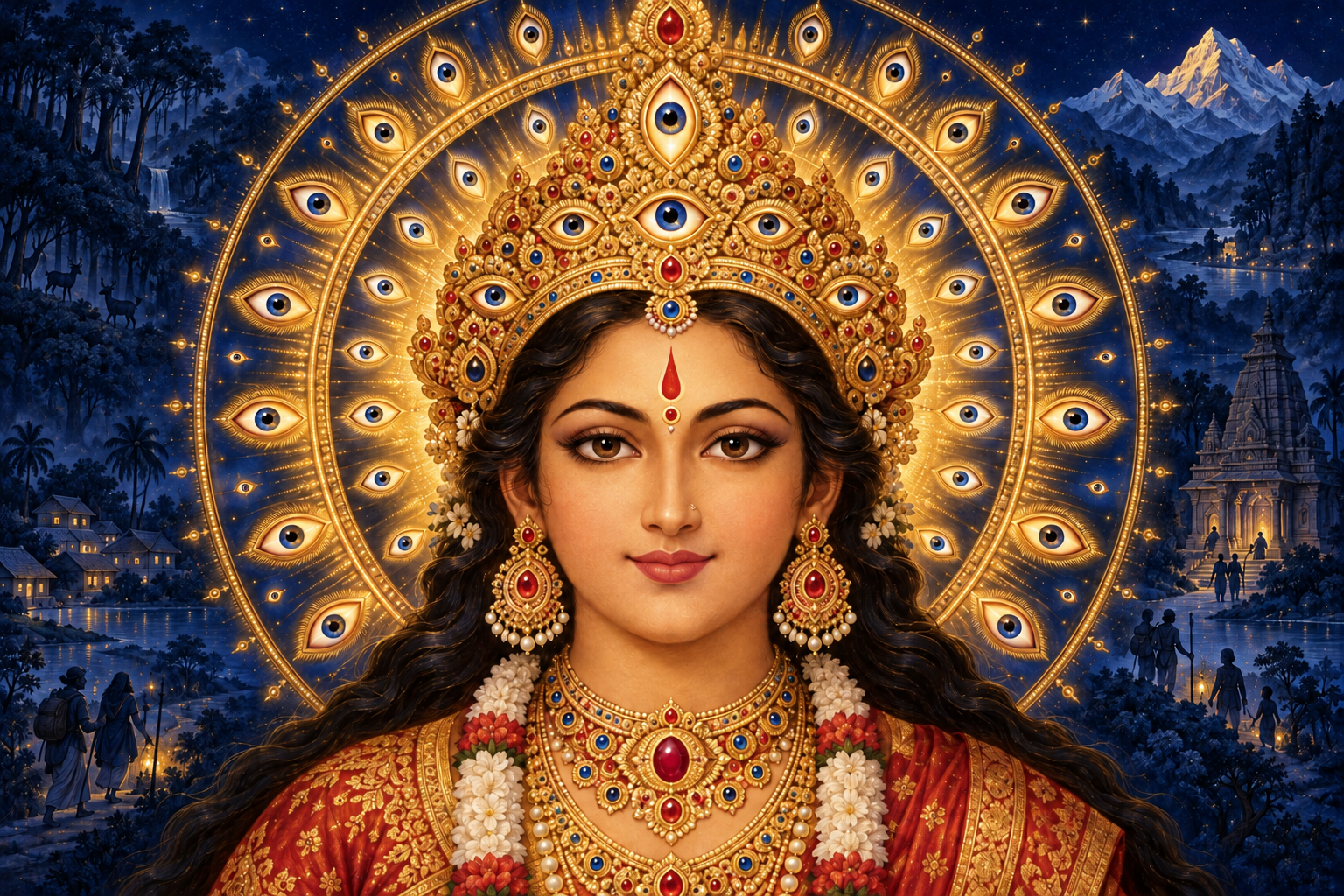 The serene face of Indrakshi Devi is encircled by a golden aureole containing many luminous eye motifs.