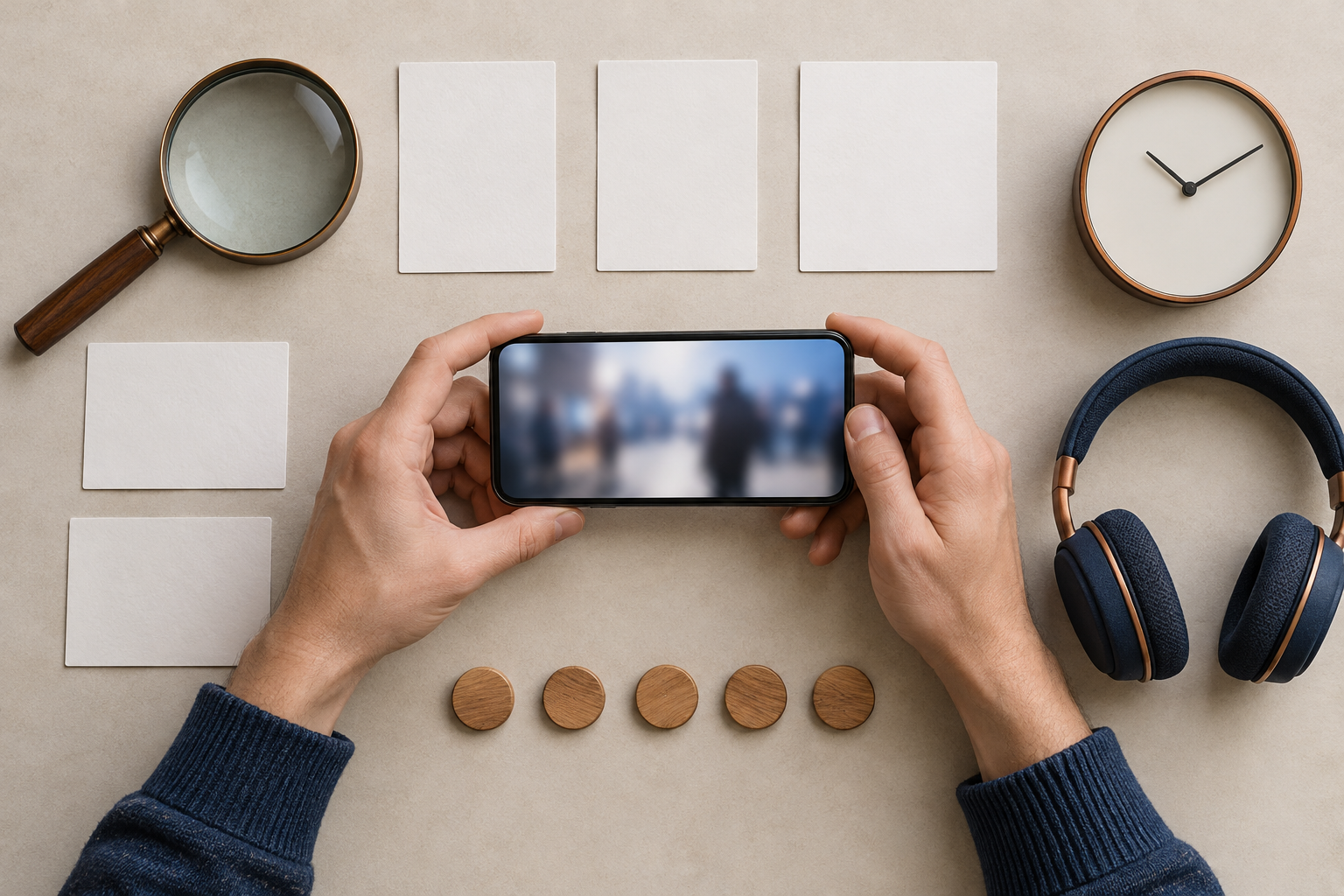 Hands examine an abstract video on a smartphone surrounded by a magnifying glass, headphones, clock, blank source cards, and five wooden counters.