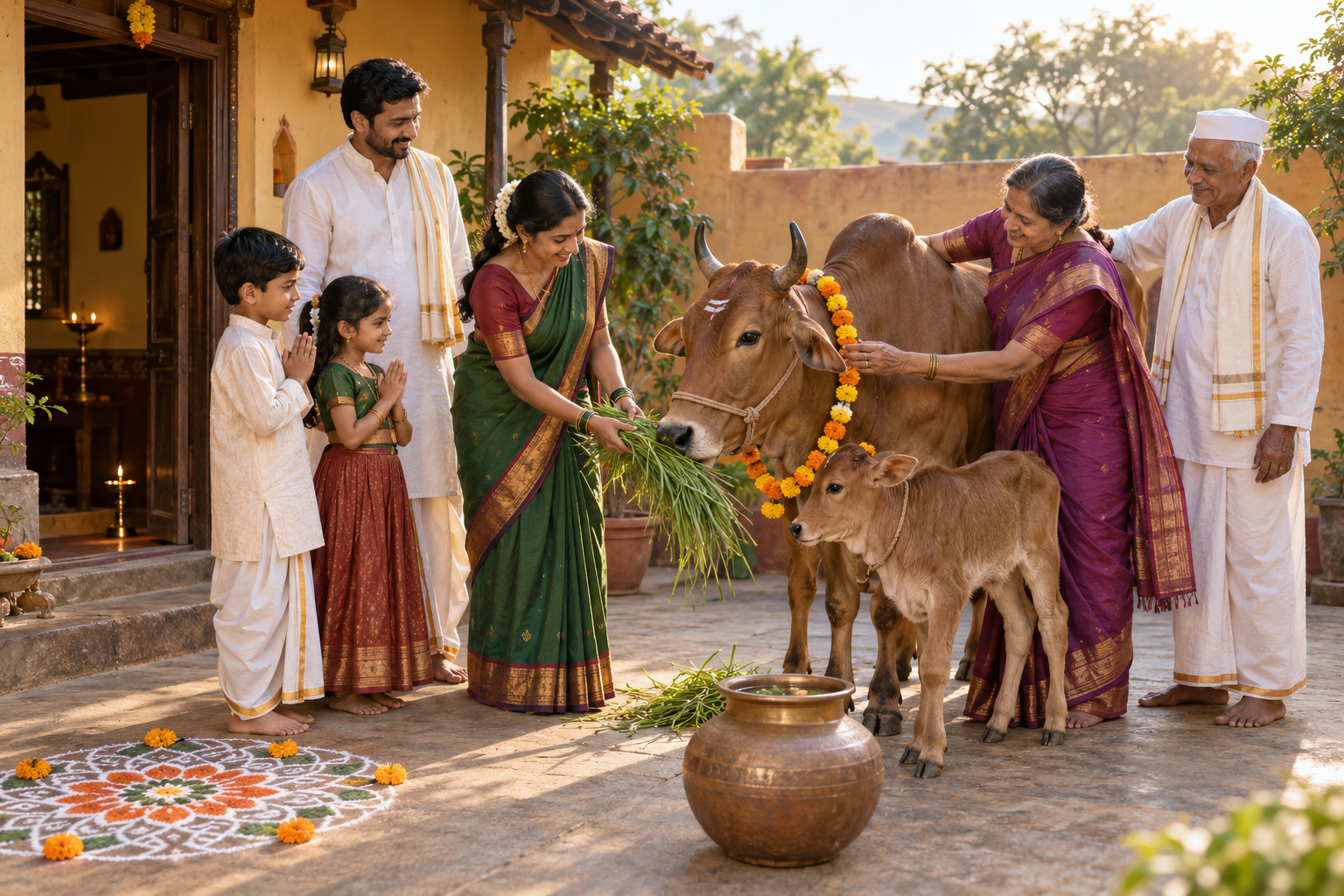 A Maharashtrian family offers fodder and a marigold garland to a cow and calf in a sunlit courtyard decorated with lamps and a floral rangoli.
