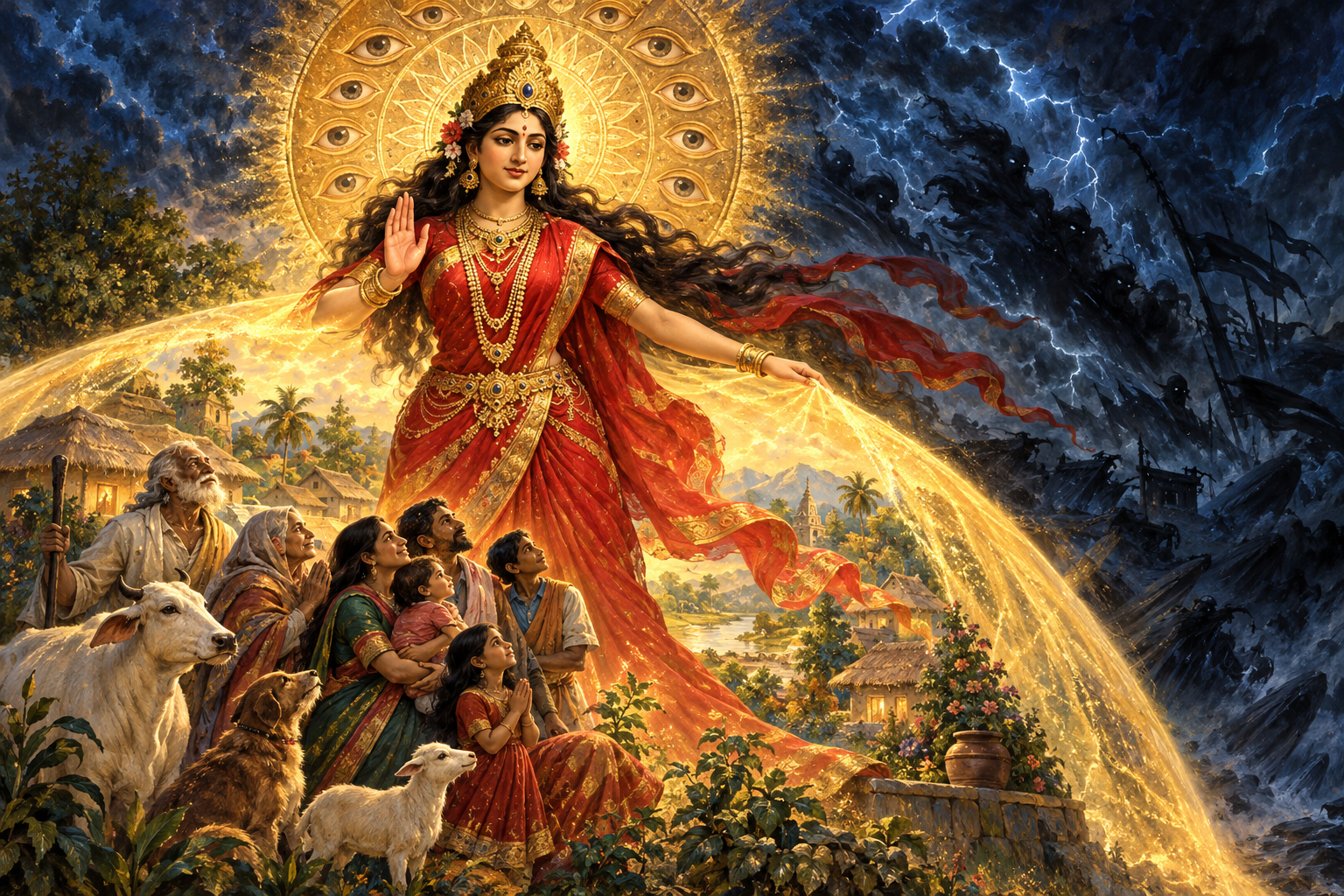 Indrakshi Devi raises a reassuring hand as a golden light protects devotees and village homes from a dark storm.