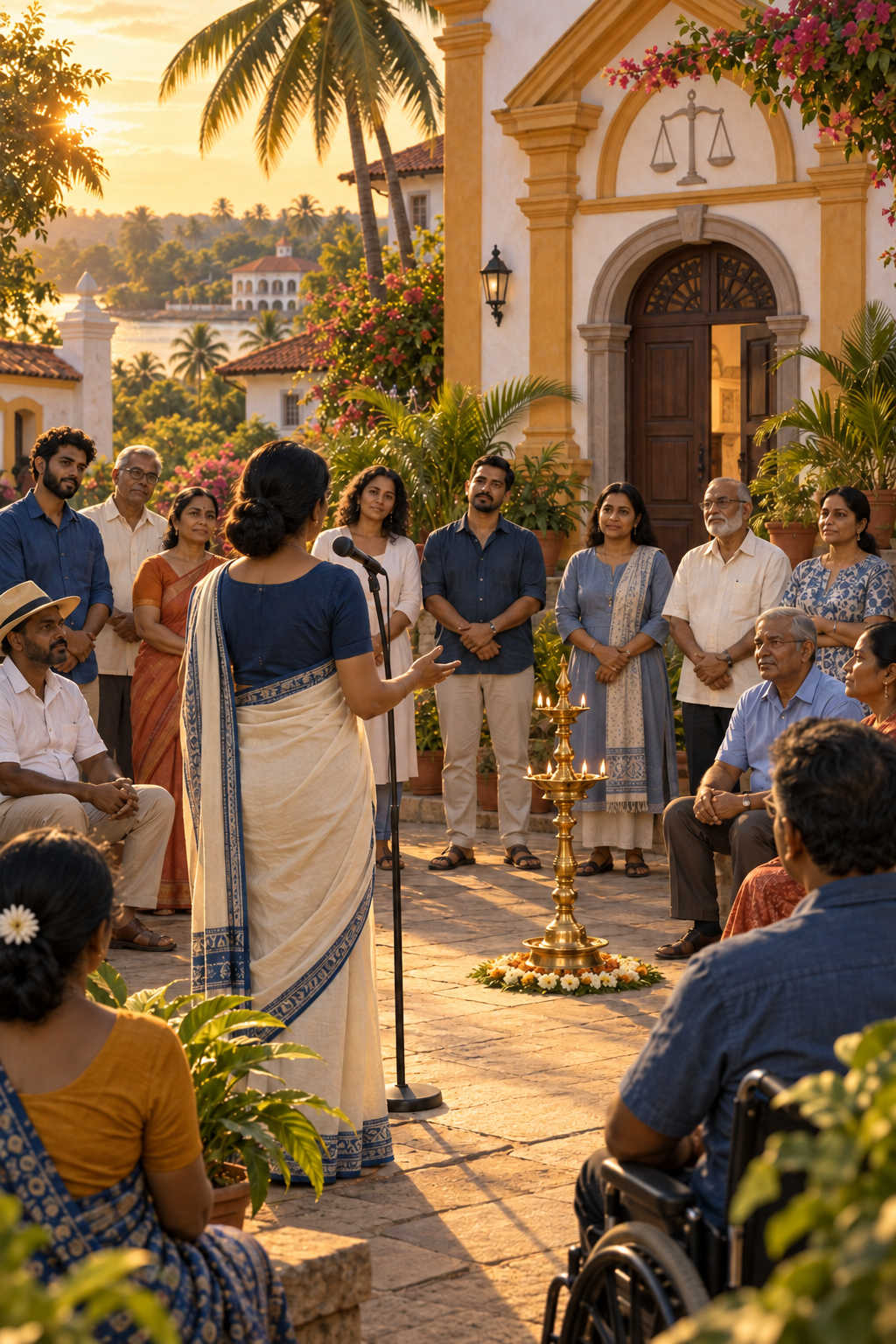 A calm speaker addresses a diverse group in a Goan courtyard beside a glowing brass oil lamp and a civic building entrance.