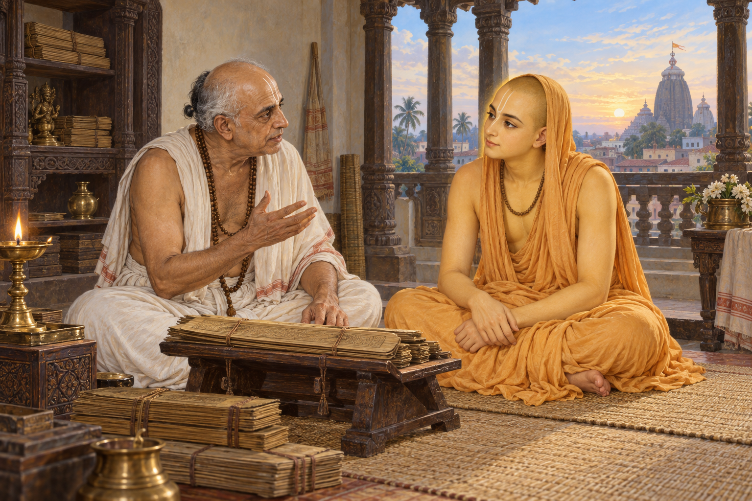 A saffron-robed young ascetic and an elderly scholar discuss an open palm-leaf manuscript in a quiet chamber lit by an oil lamp.