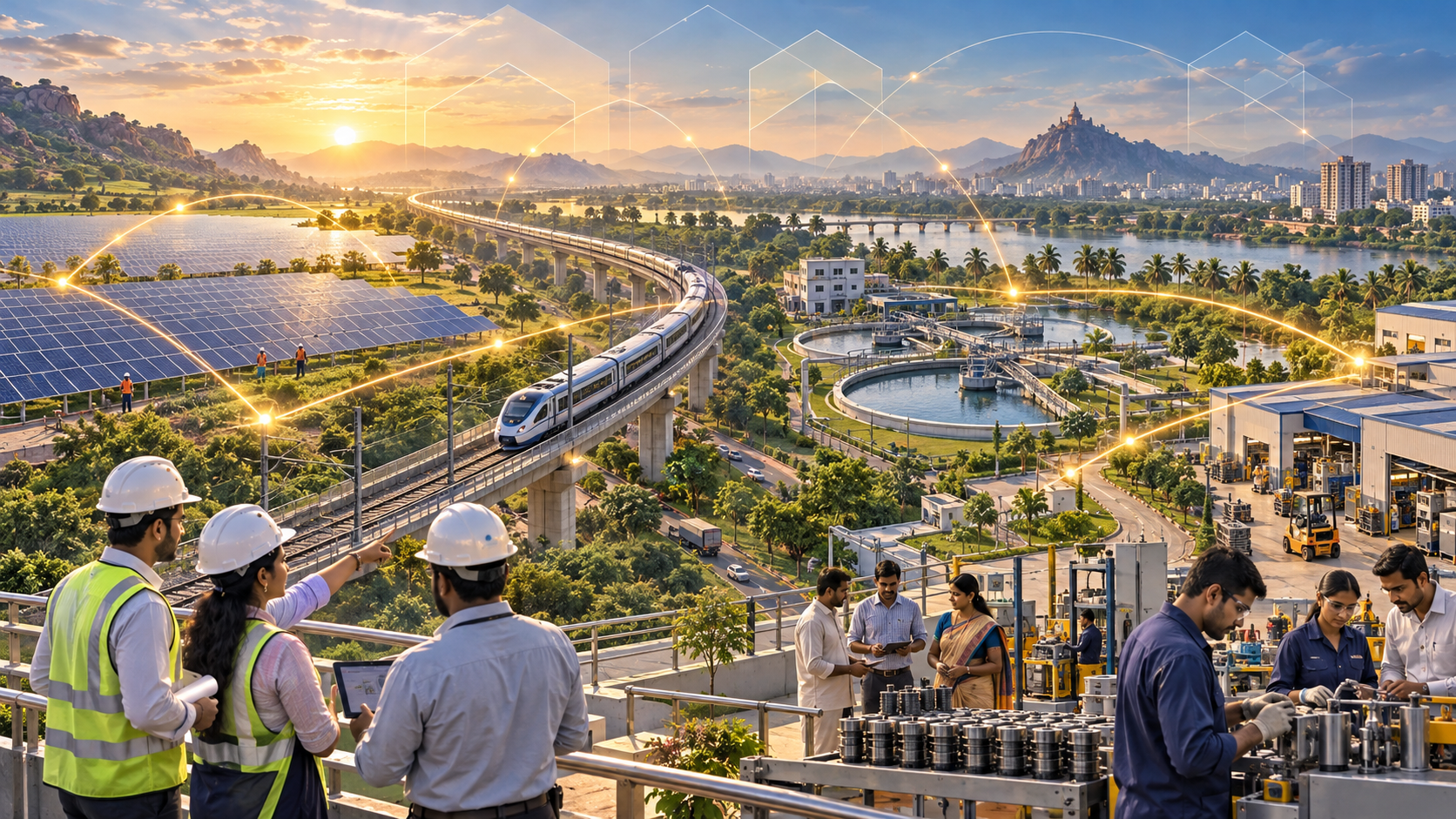 Indian engineers, technicians, and business owners work near solar panels, rail infrastructure, a water facility, and small factories connected by glowing pathways.