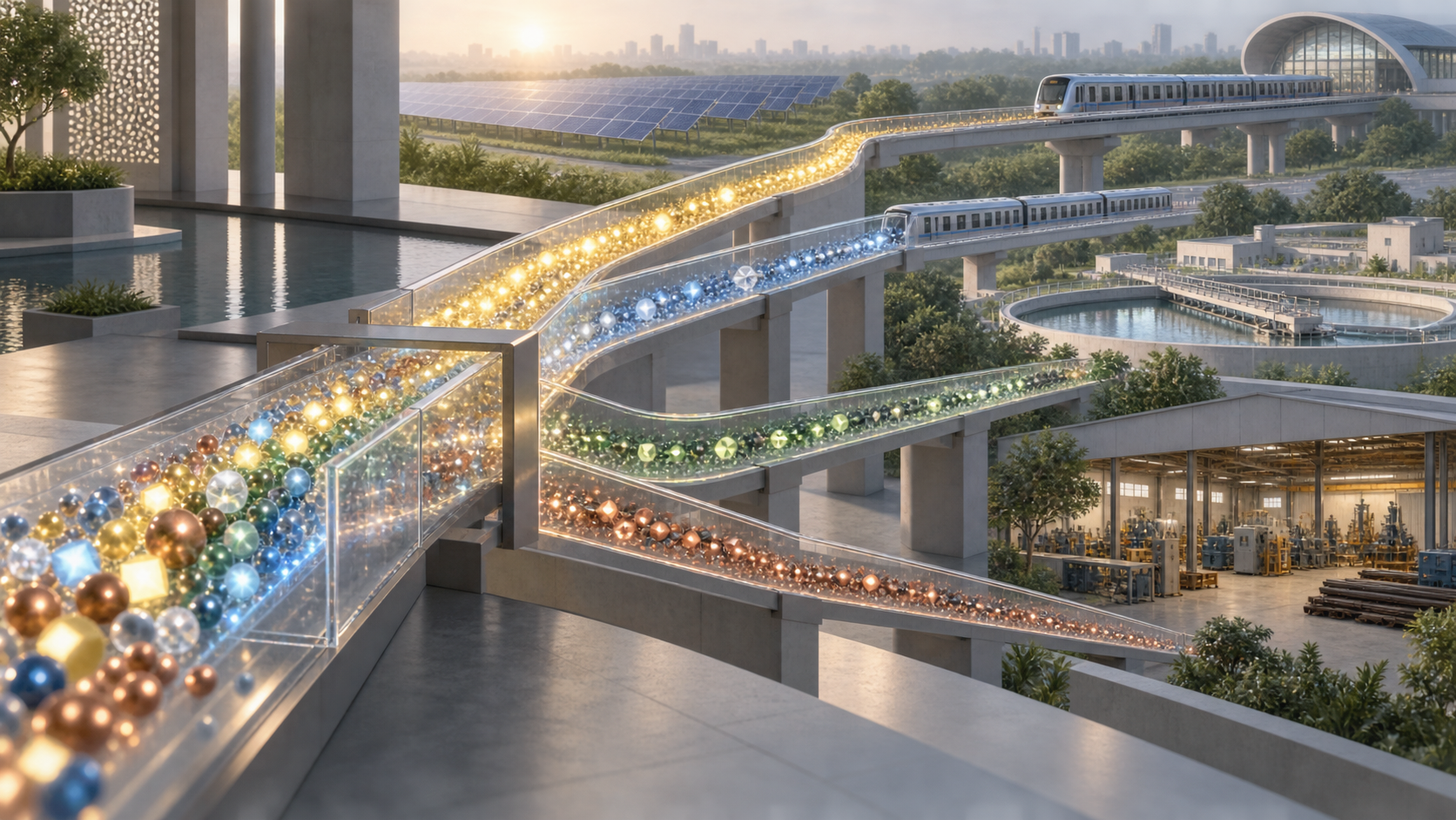Separate glowing streams flow through transparent channels toward solar, transit, water, and manufacturing projects.