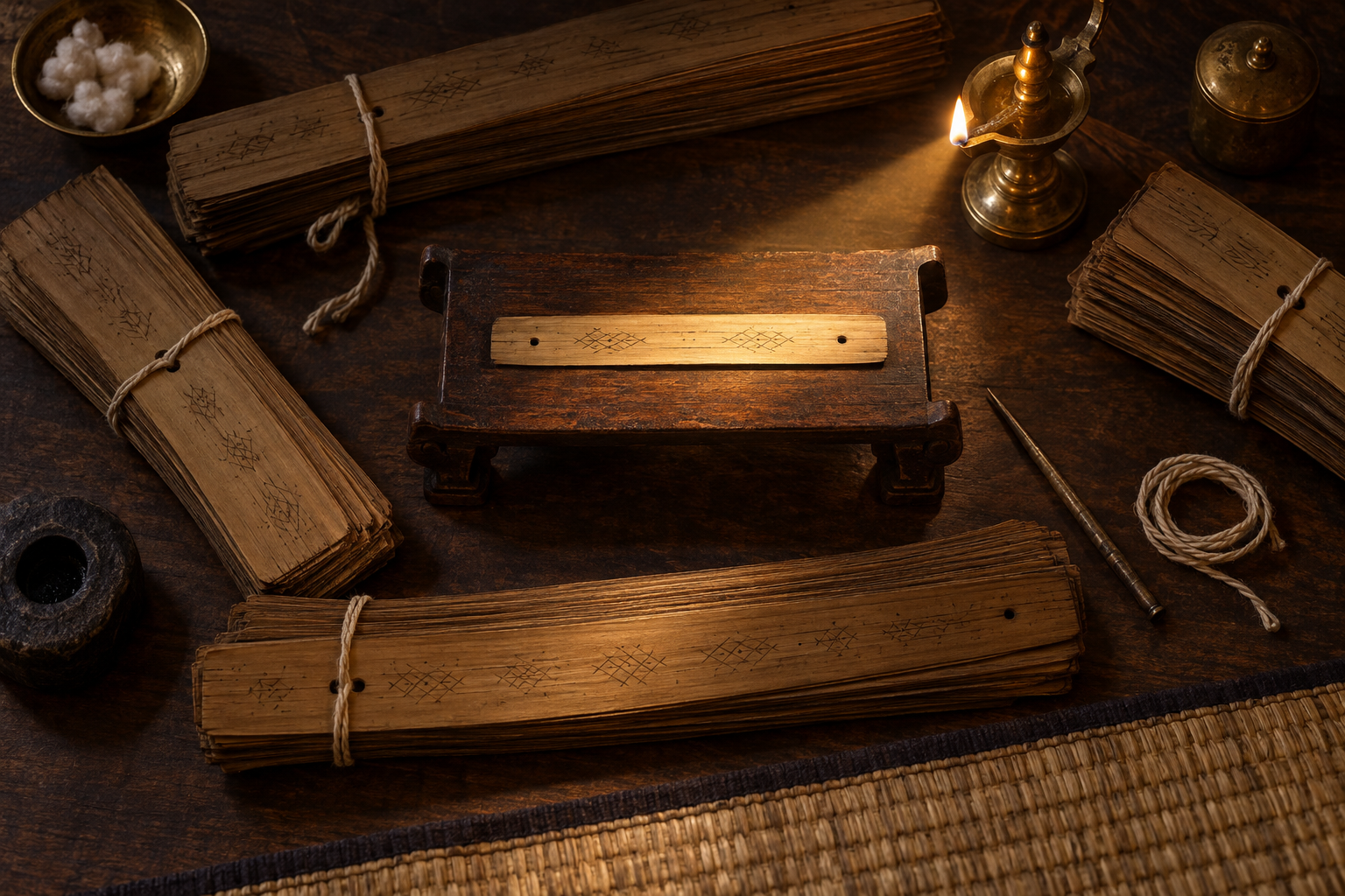 A central palm-leaf manuscript lies in a beam of lamplight while larger manuscript bundles spread around it in light and shadow.