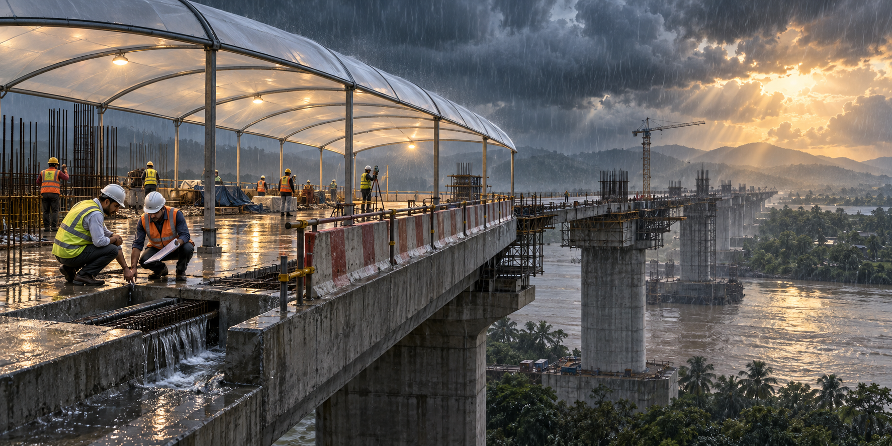 Engineers inspect an unfinished bridge partly protected by a transparent canopy as rain falls beyond the covered area.