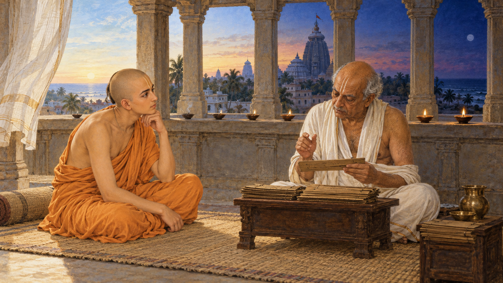 A young saffron-robed ascetic listens attentively as an elderly scholar teaches from palm-leaf manuscripts beside seven burning oil lamps.