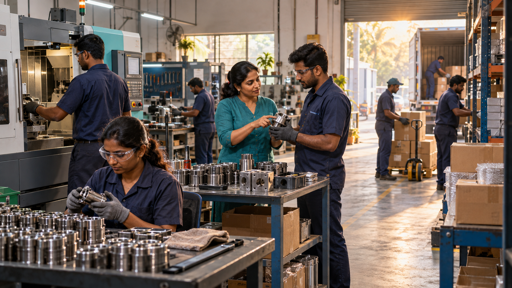 A woman entrepreneur and workers operate machinery, inspect components, and organize goods inside a small Indian manufacturing workshop.