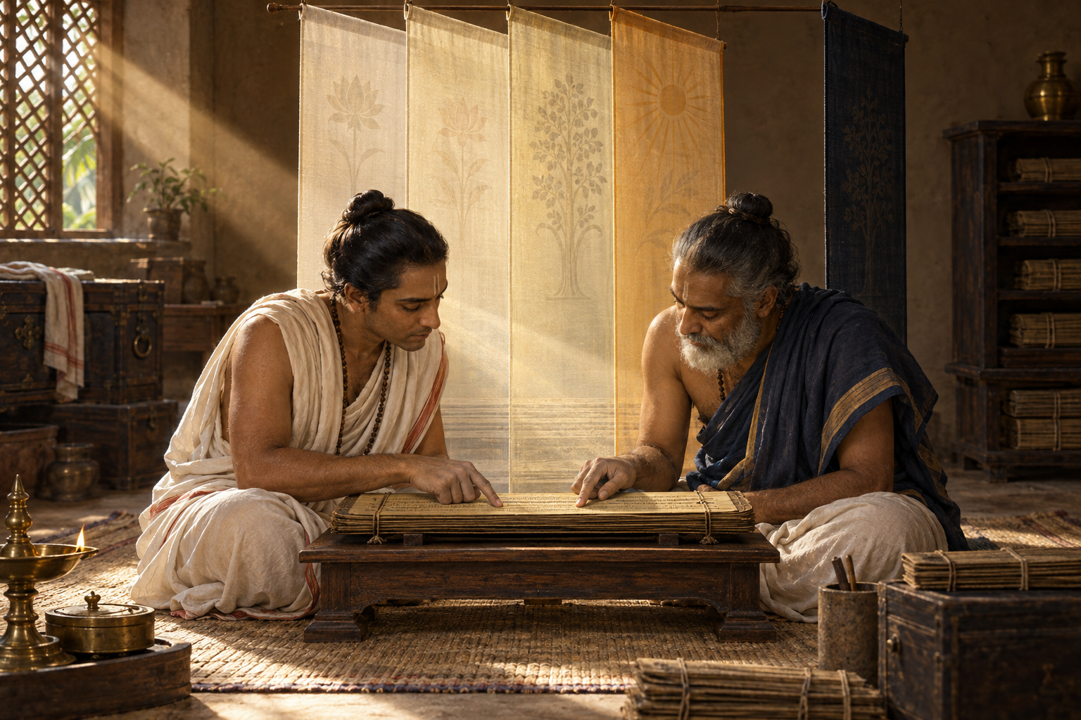 Two scholars trace a palm-leaf manuscript beneath translucent panels crossed by a single shaft of sunlight.
