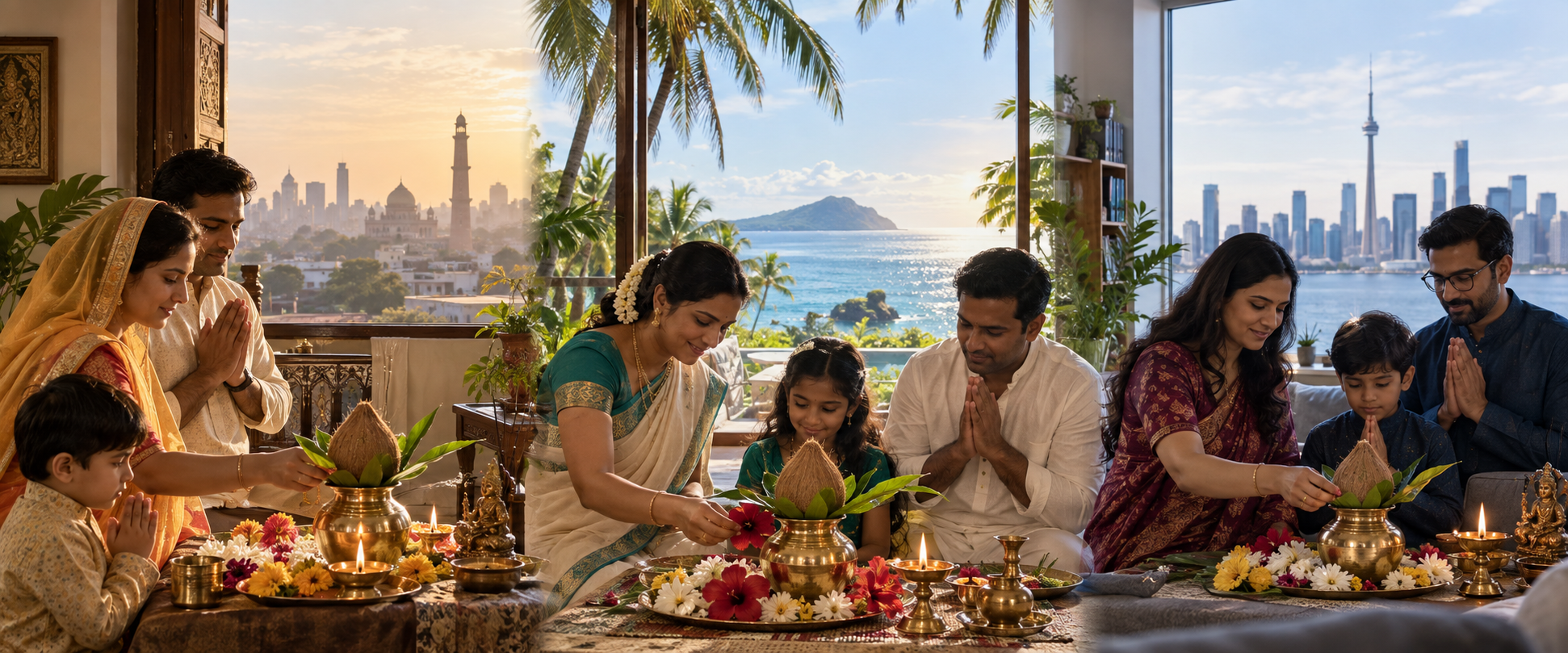 Three households in different geographic settings prepare similar Ghatasthapana altars under different local daylight conditions.