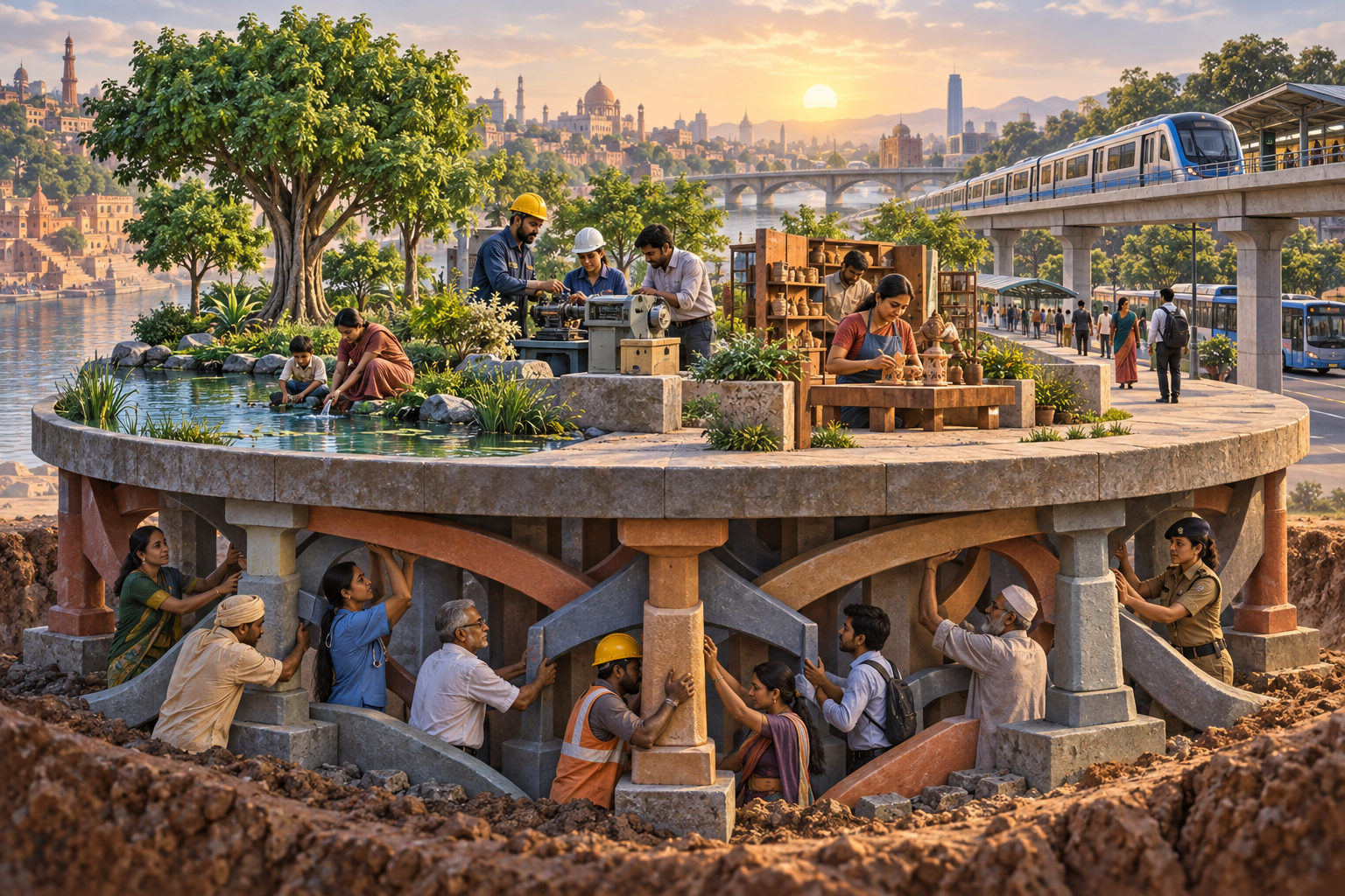A circular platform balances trees, clean water, skilled workers, a small workshop, and public transit above visible interlocking supports.