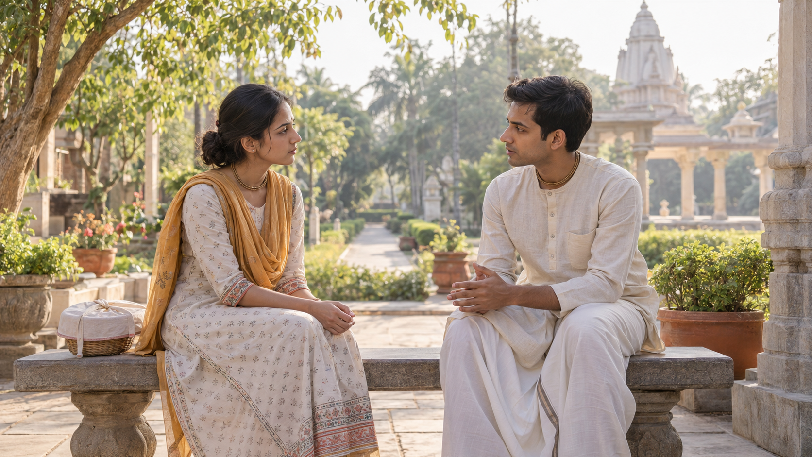 A Vaishnava couple seated as equals in a temple courtyard, speaking attentively in warm morning light.