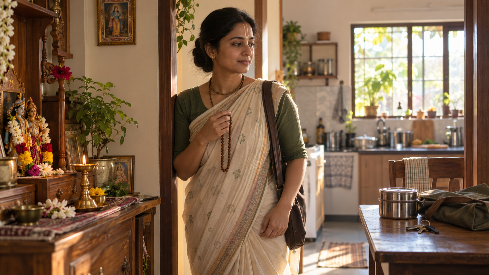 A practitioner with prayer beads stands between a flower-decorated home shrine and a sunlit kitchen prepared for the day.