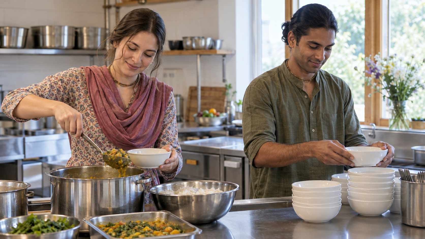 Two prospective Vaishnava partners sharing prasada preparation duties in a community kitchen.
