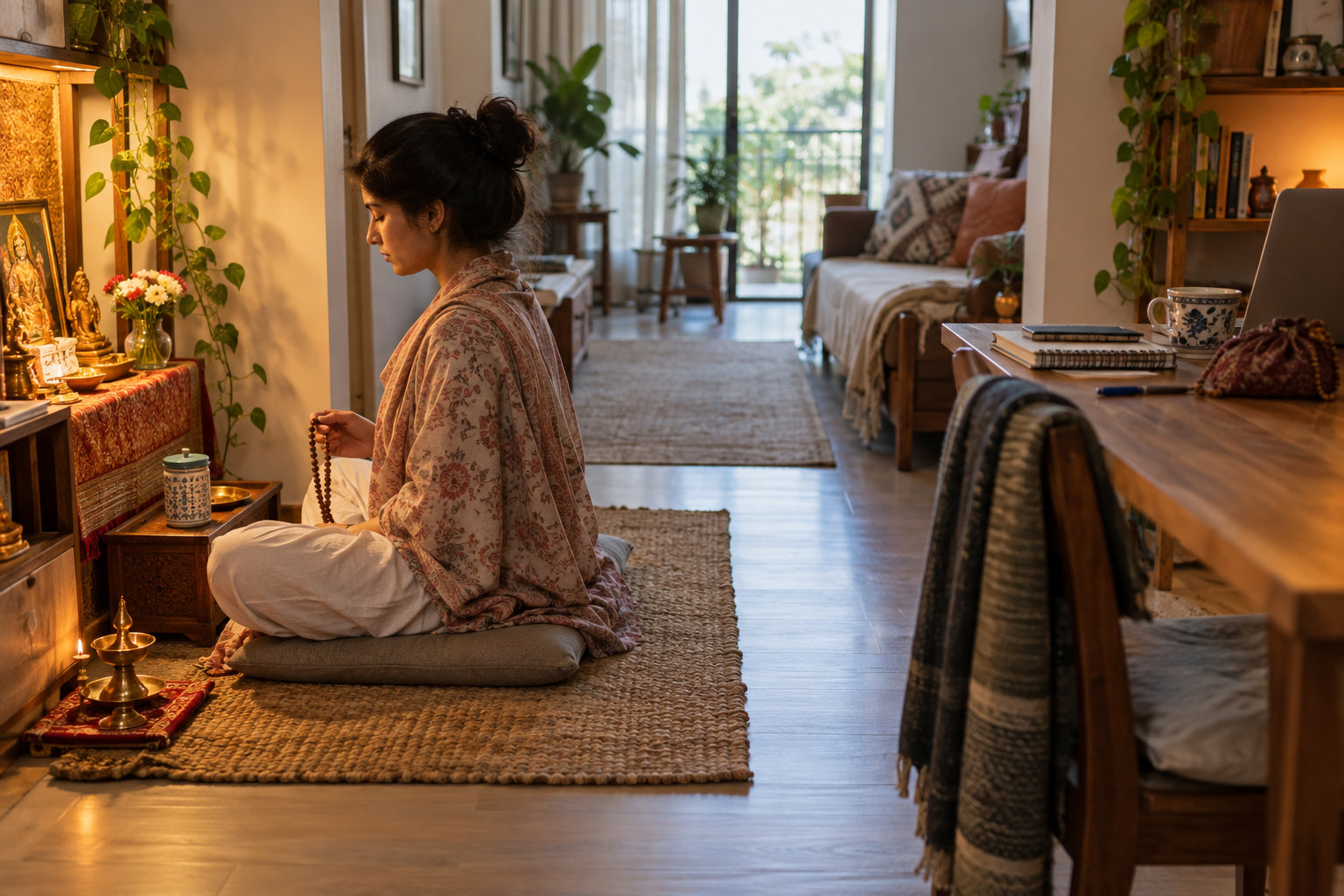 A home shrine, prayer beads, work bag, and prepared evening lamp form a simple devotional routine across a lived-in room.