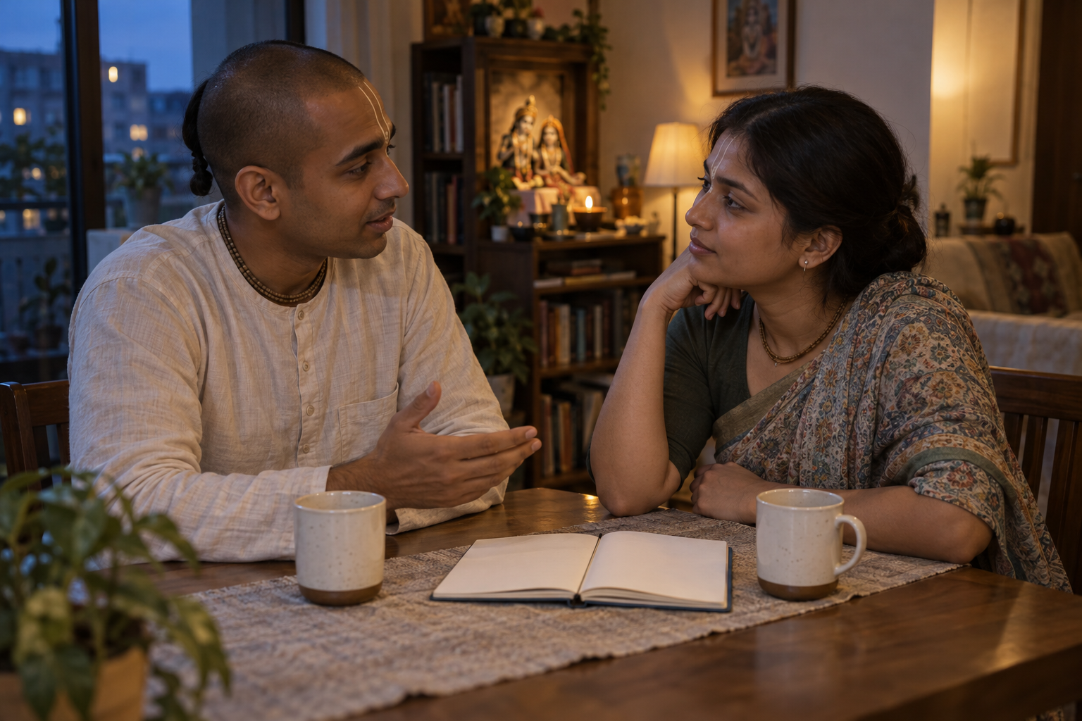 A couple turning toward each other to calmly repair a disagreement at their dining table.