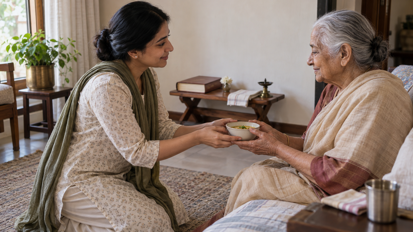 A practitioner serves a meal to an elderly family member beside a devotional reading place with a book on a wooden stand.