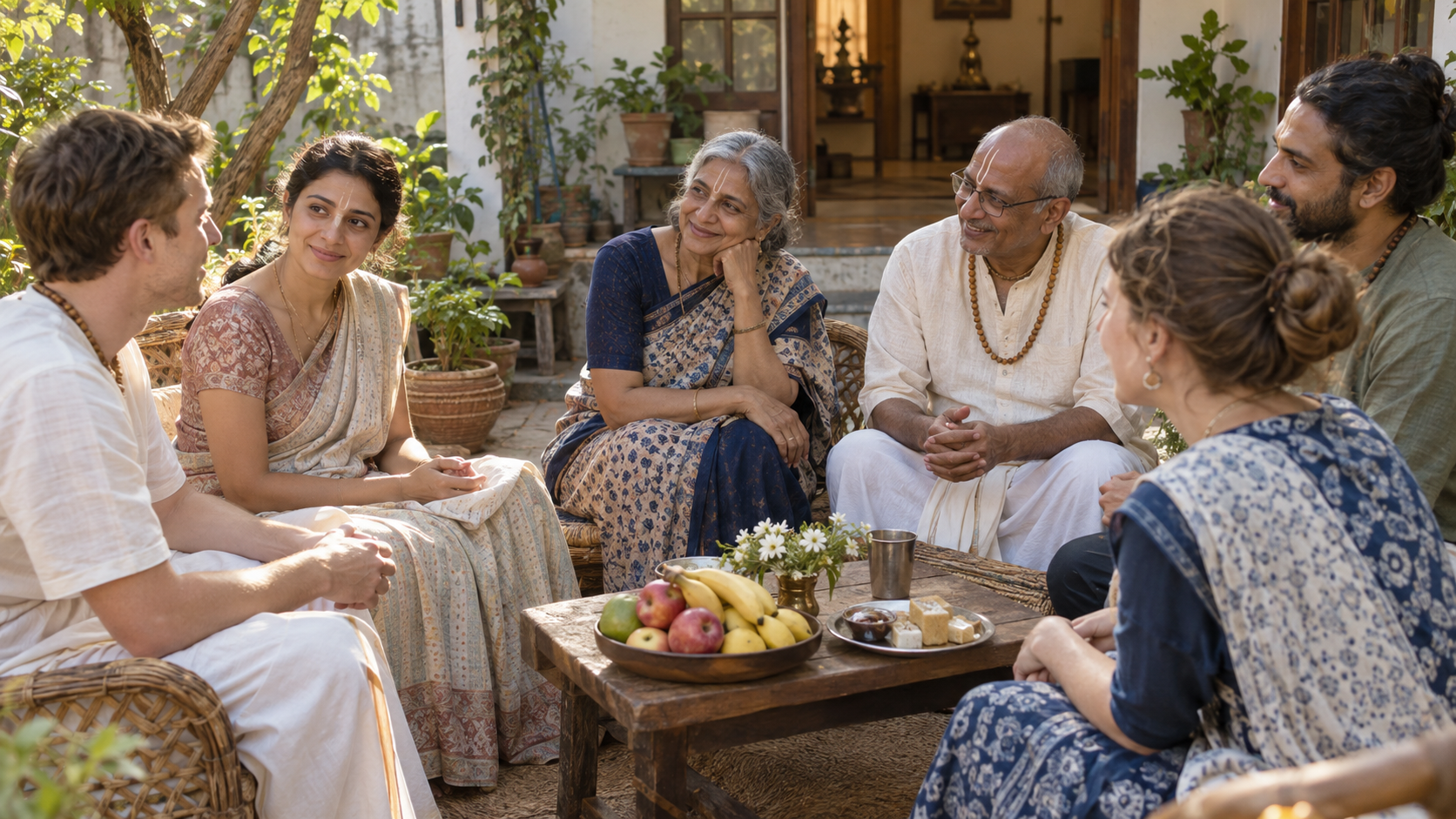 A prospective Vaishnava couple discussing marriage with trusted married elders and peers in a home courtyard.