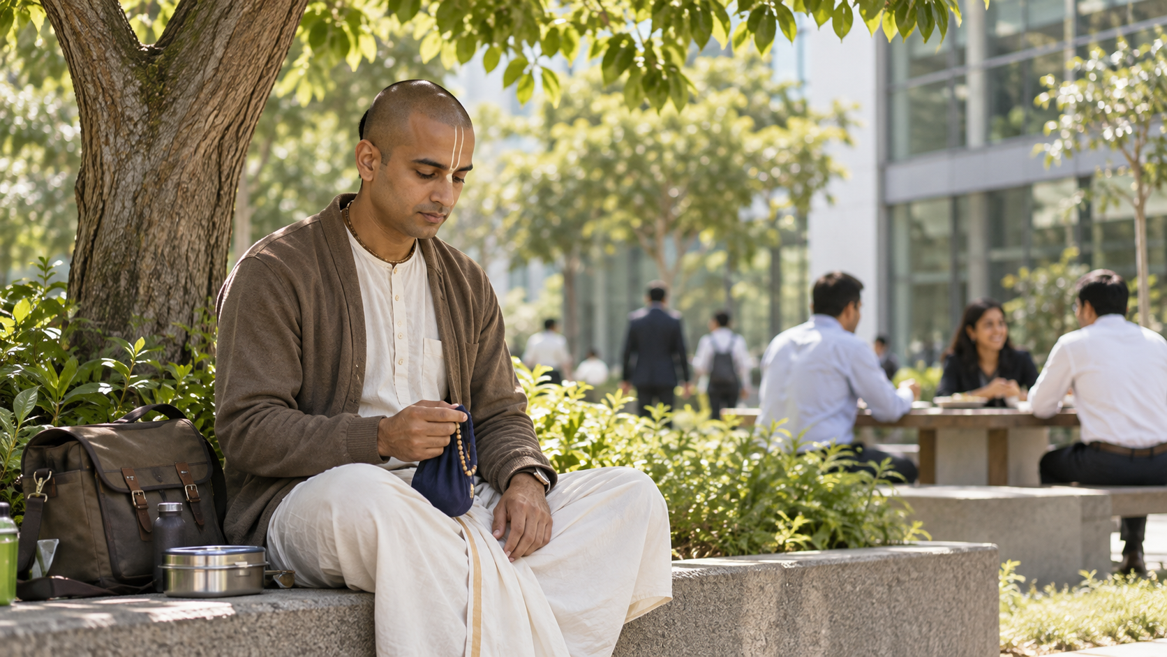 A practitioner pauses with a cloth-covered prayer bead bag beneath a tree in a workplace courtyard during lunch.