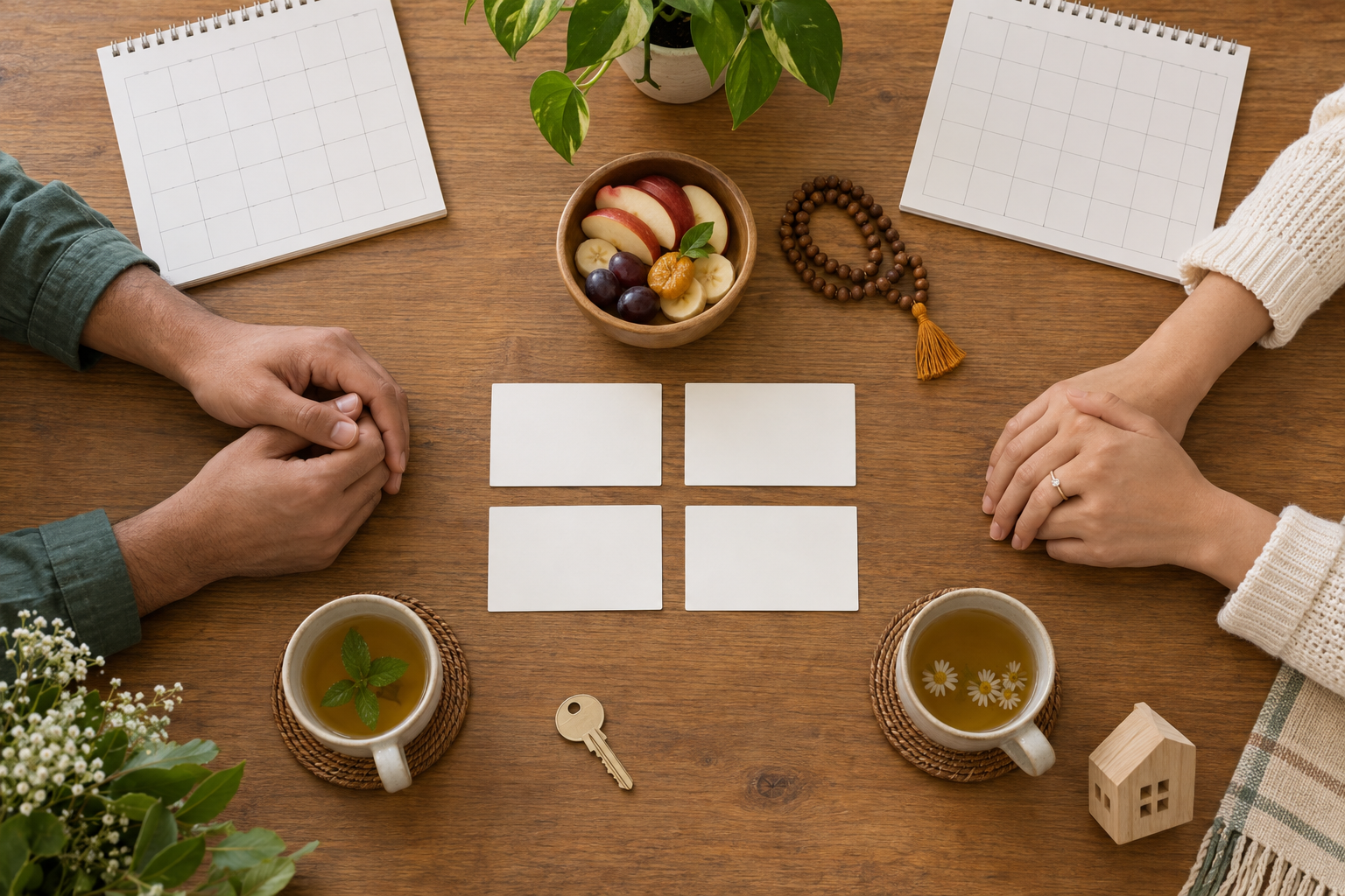 A couple's hands beside symbolic household and devotional items arranged for a premarital discussion.