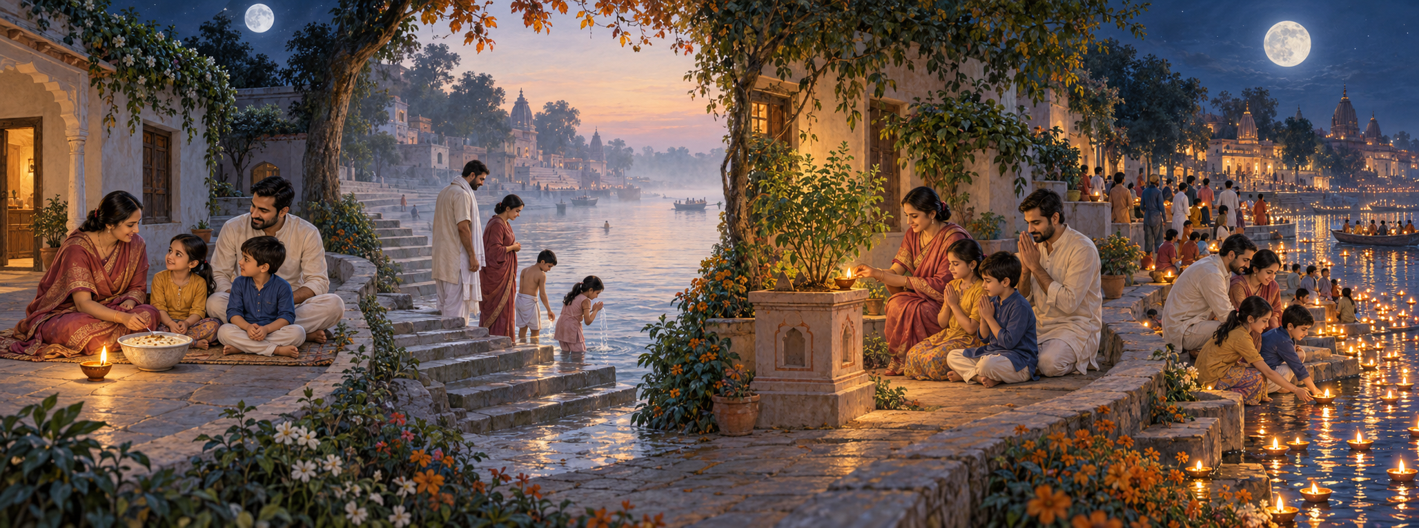 A continuous illustrated path connects a moonlit household observance, a dawn river bath, daily tulsi worship and a full-moon lamp offering.