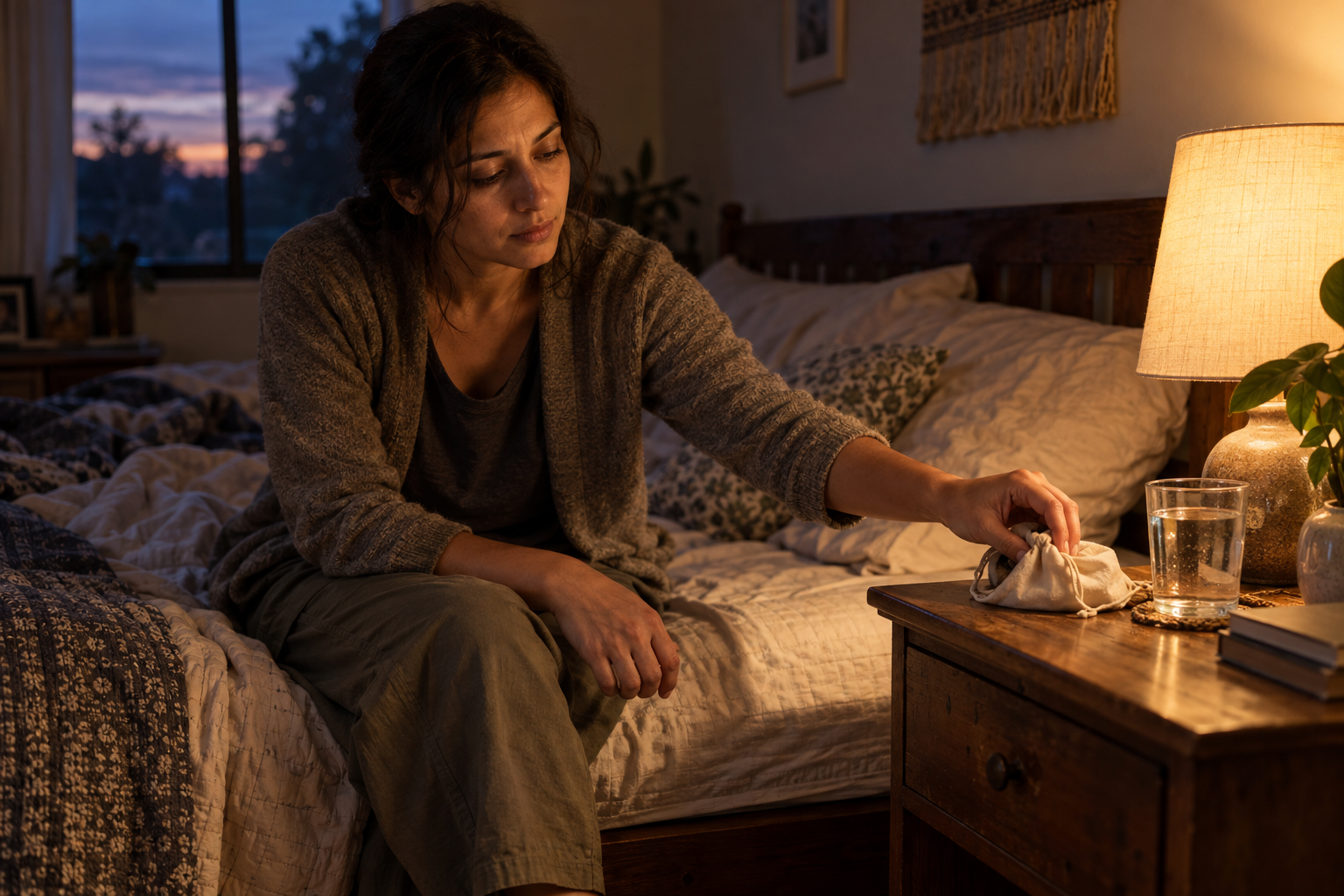 A tired practitioner reaches for a prayer bead pouch beside the bed while a smartphone remains face down in a drawer.