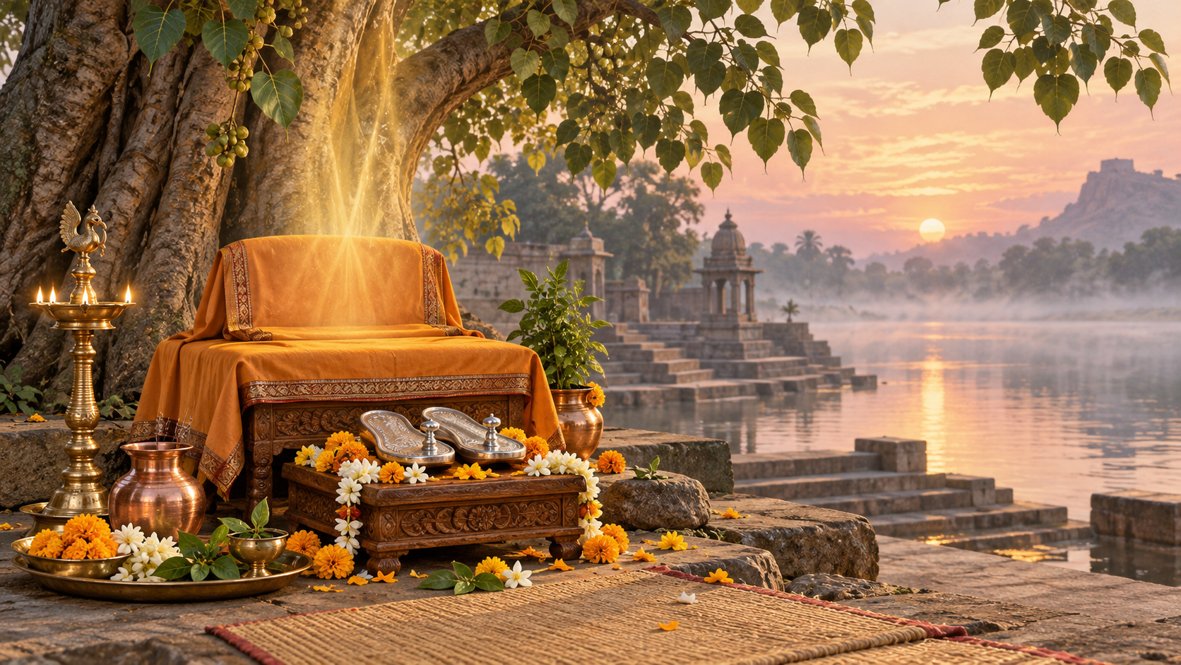 Silver padukas, flowers, and an oil lamp beside an empty meditation seat on a misty riverbank at dawn.