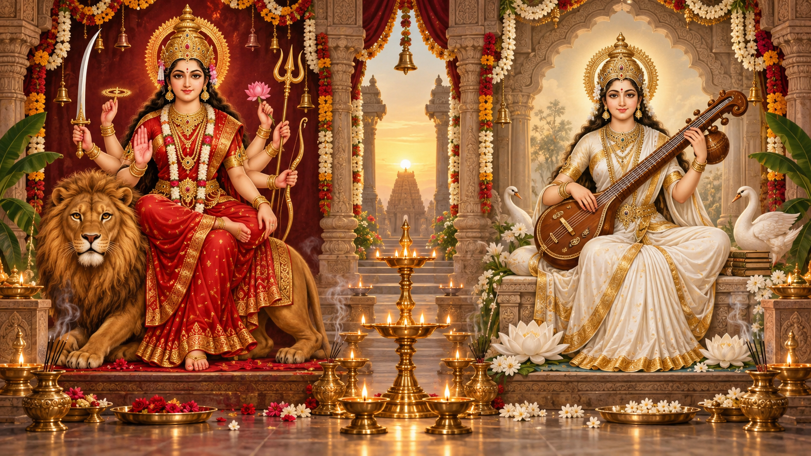Devotional illustration of Maa Katyayani with a lion beside a separate Saraswati-inspired alankaram with a veena, joined visually by glowing oil lamps.