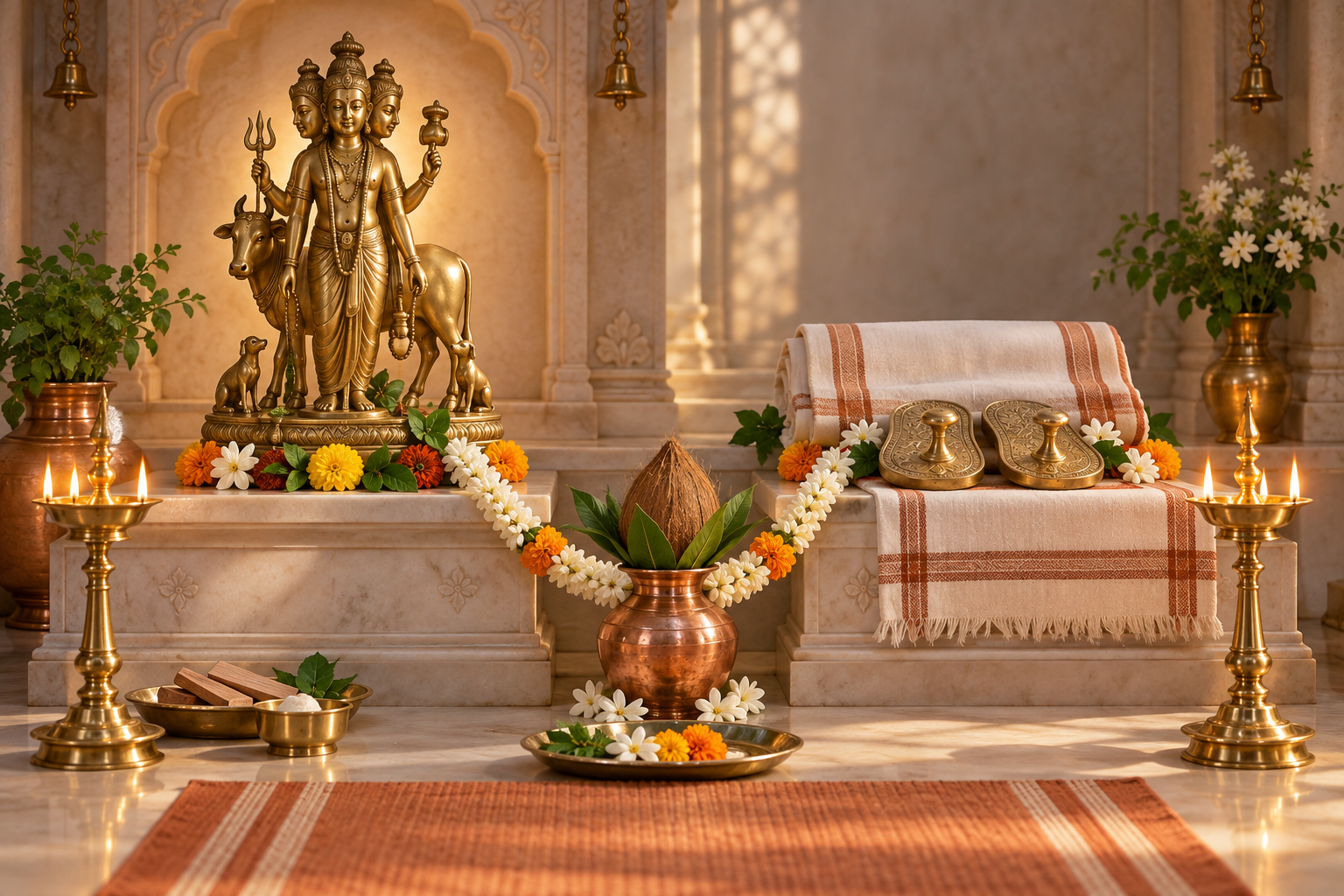 A brass Dattatreya murti and ceremonial padukas displayed on adjoining raised altars linked by one flower garland.