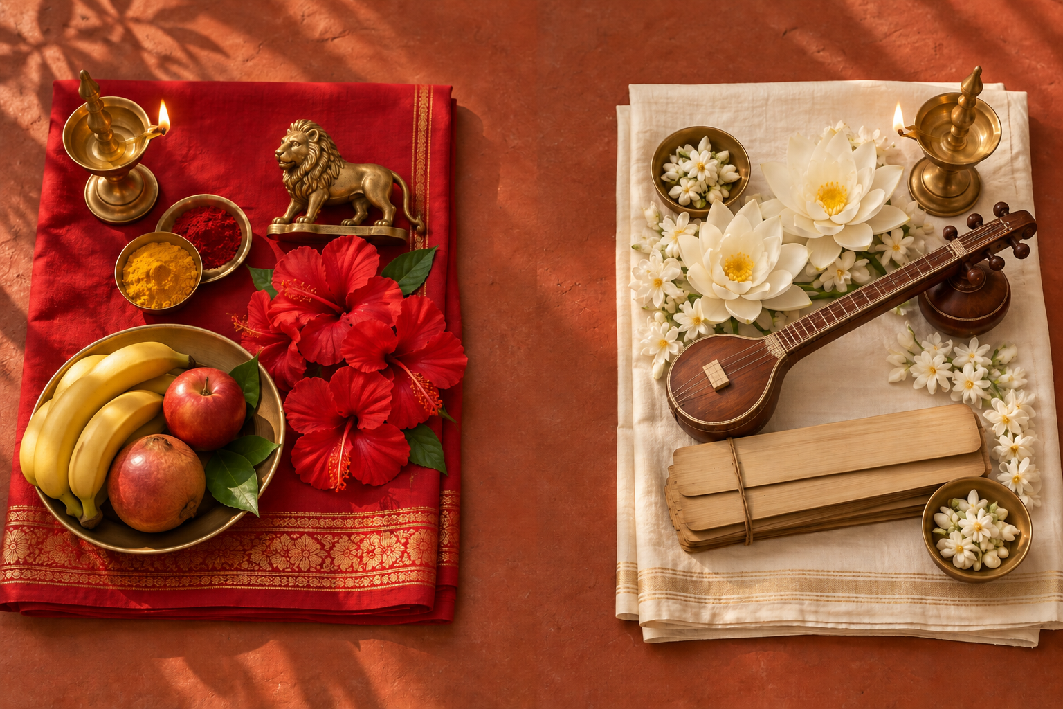 Two separate Navratri worship arrangements, one with red flowers and a lion emblem and the other with white flowers, a veena motif, and a blank manuscript.