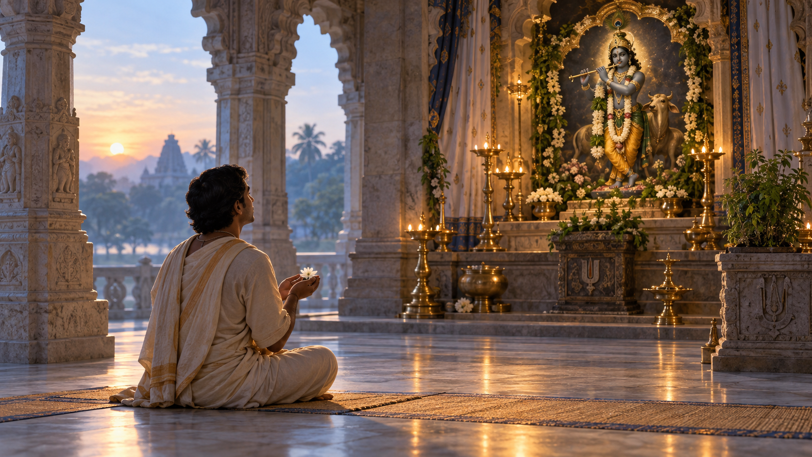 A devotee offers a single white flower with open hands before a softly lit Krishna altar at dawn.