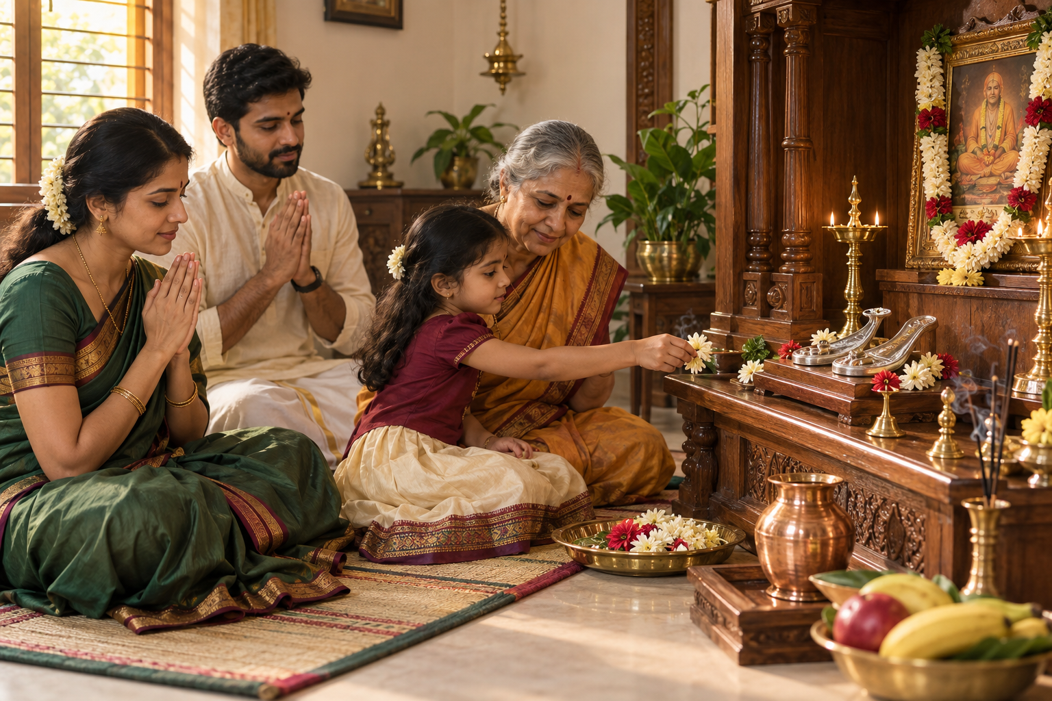 A family offers flowers before elevated silver padukas during a simple home puja.