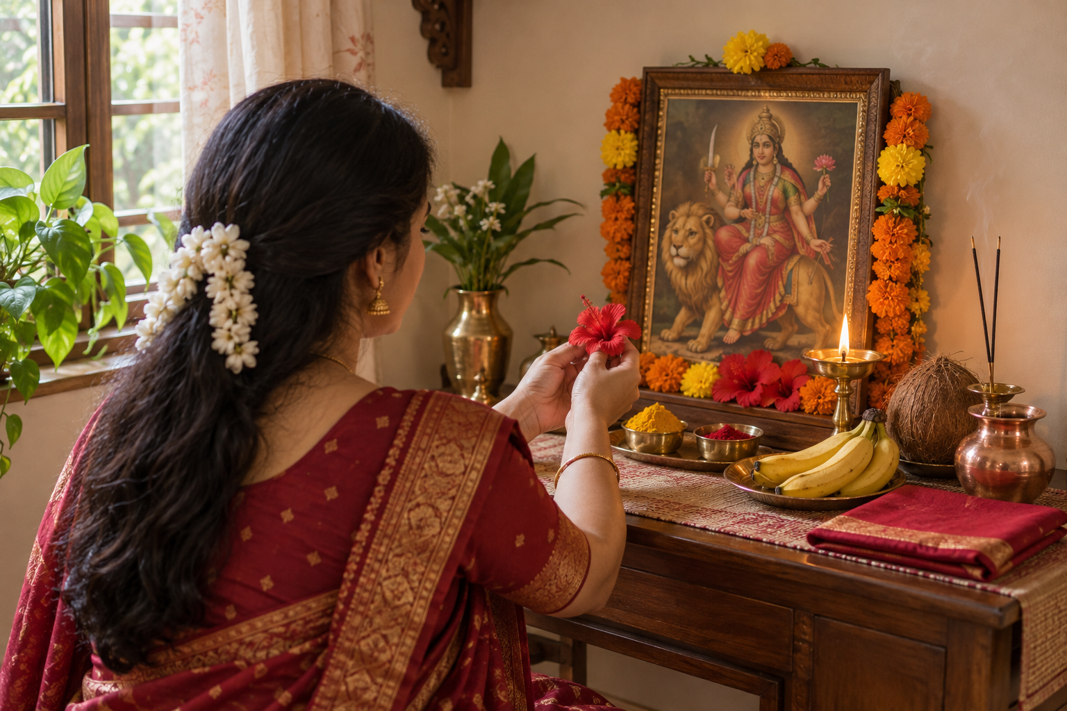 A devotee offering a flower at a simple home altar prepared for Katyayani puja with a lamp, flowers, fruit, and ritual vessels.