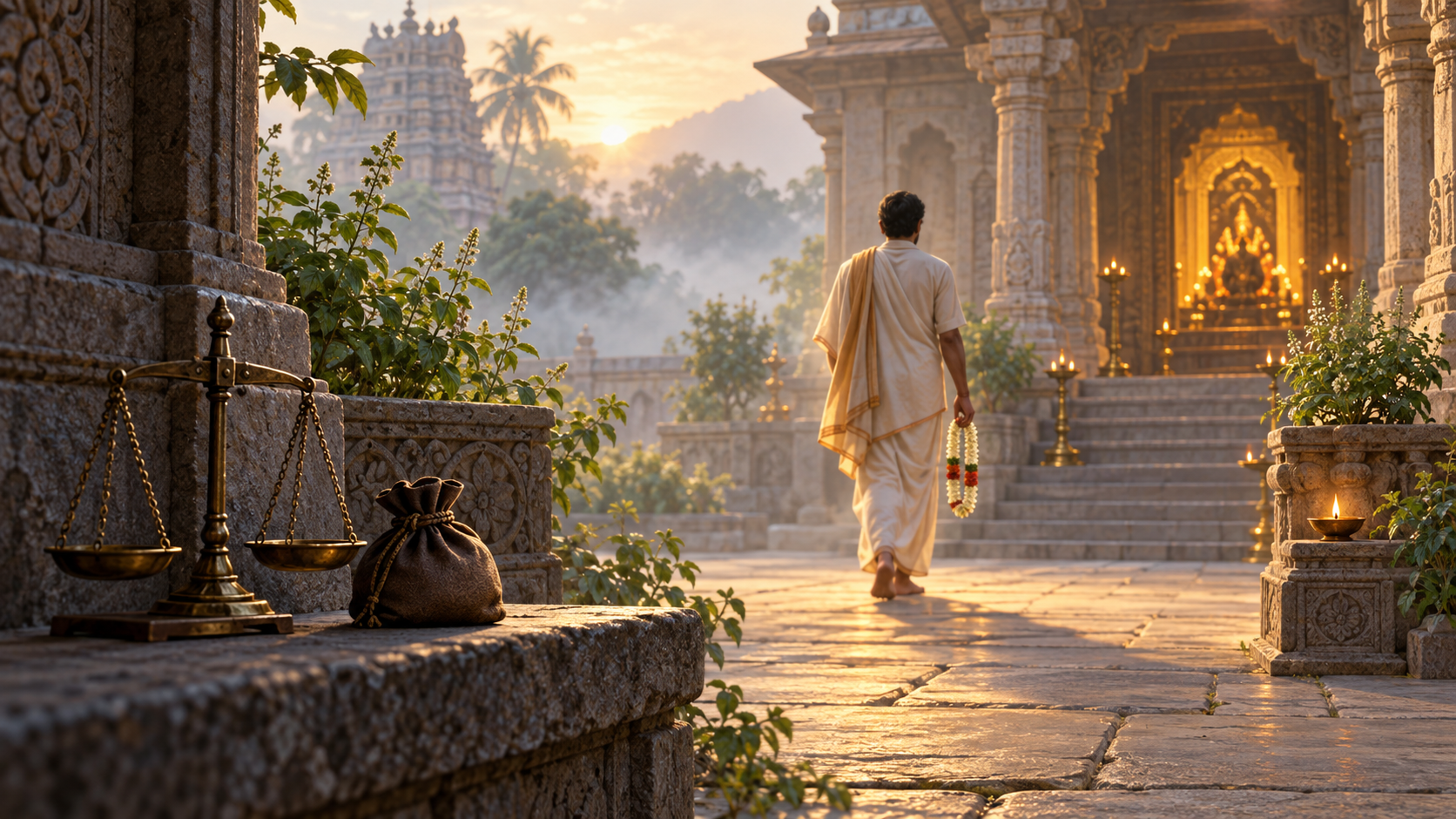 A pilgrim leaves a balance scale and coin pouch at a temple entrance while carrying a flower garland toward the shrine.