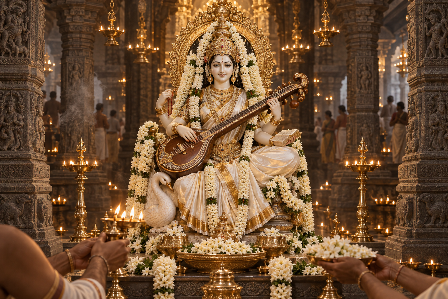 A temple goddess adorned in white silk and jasmine for Saraswati Alankaram, with a veena, flowers, and an aarti lamp before her.