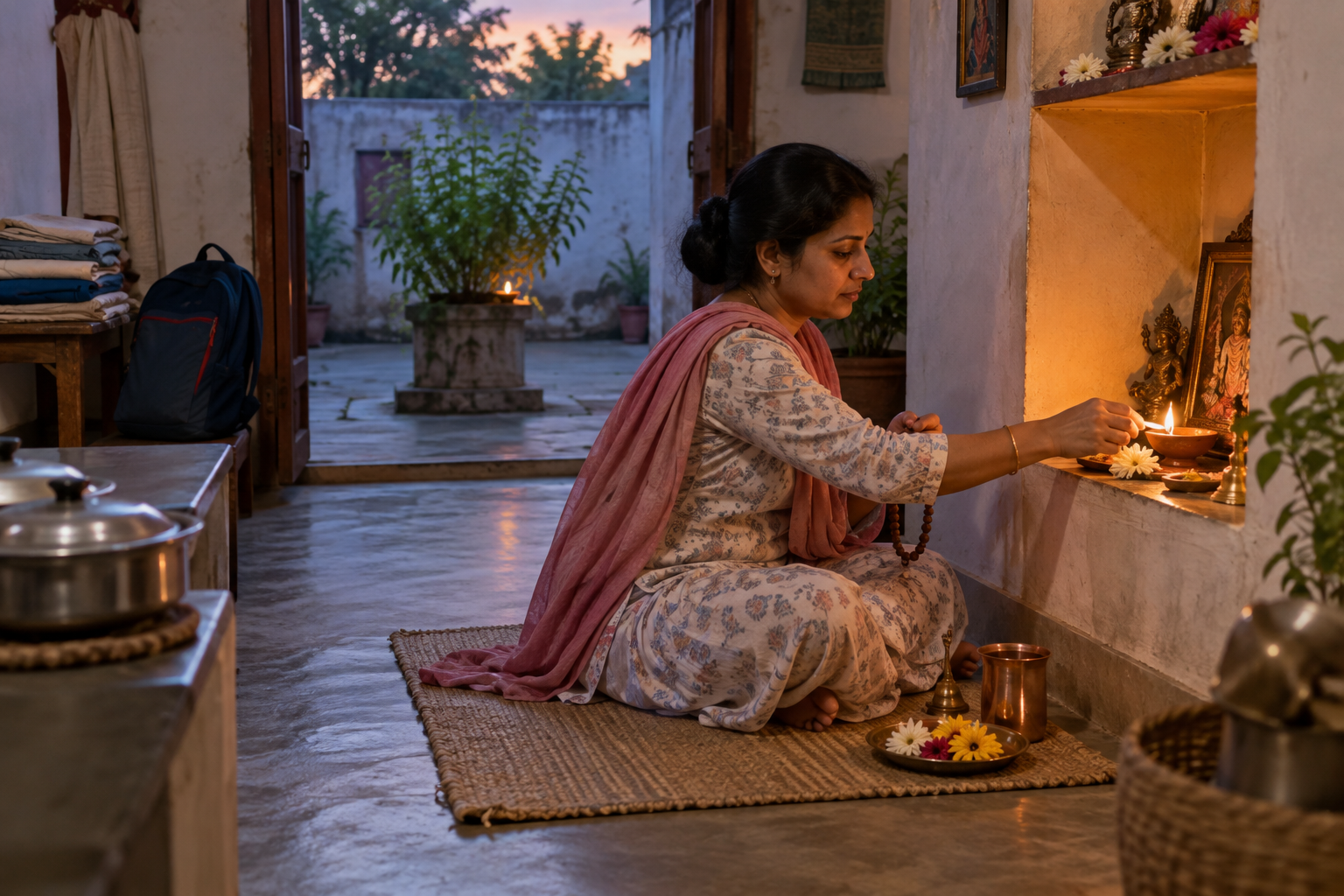 A devotee lights one clay lamp and holds prayer beads in a modest home while everyday household items remain nearby.