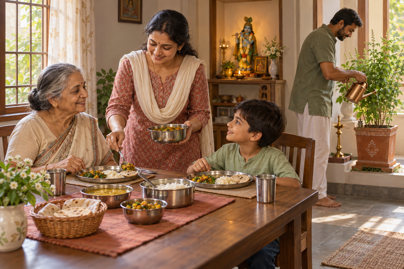 A householder serves a meal to an elderly relative and child beside a tulsi plant and a small Krishna shrine.