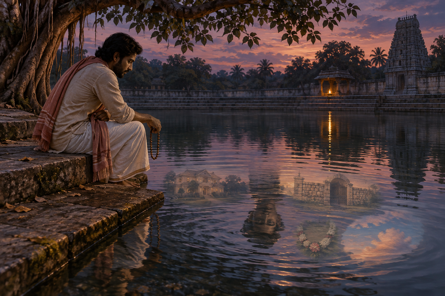 A devotee holding prayer beads looks into a temple pond where faint symbols of comfort, protection, and recognition dissolve into ripples.