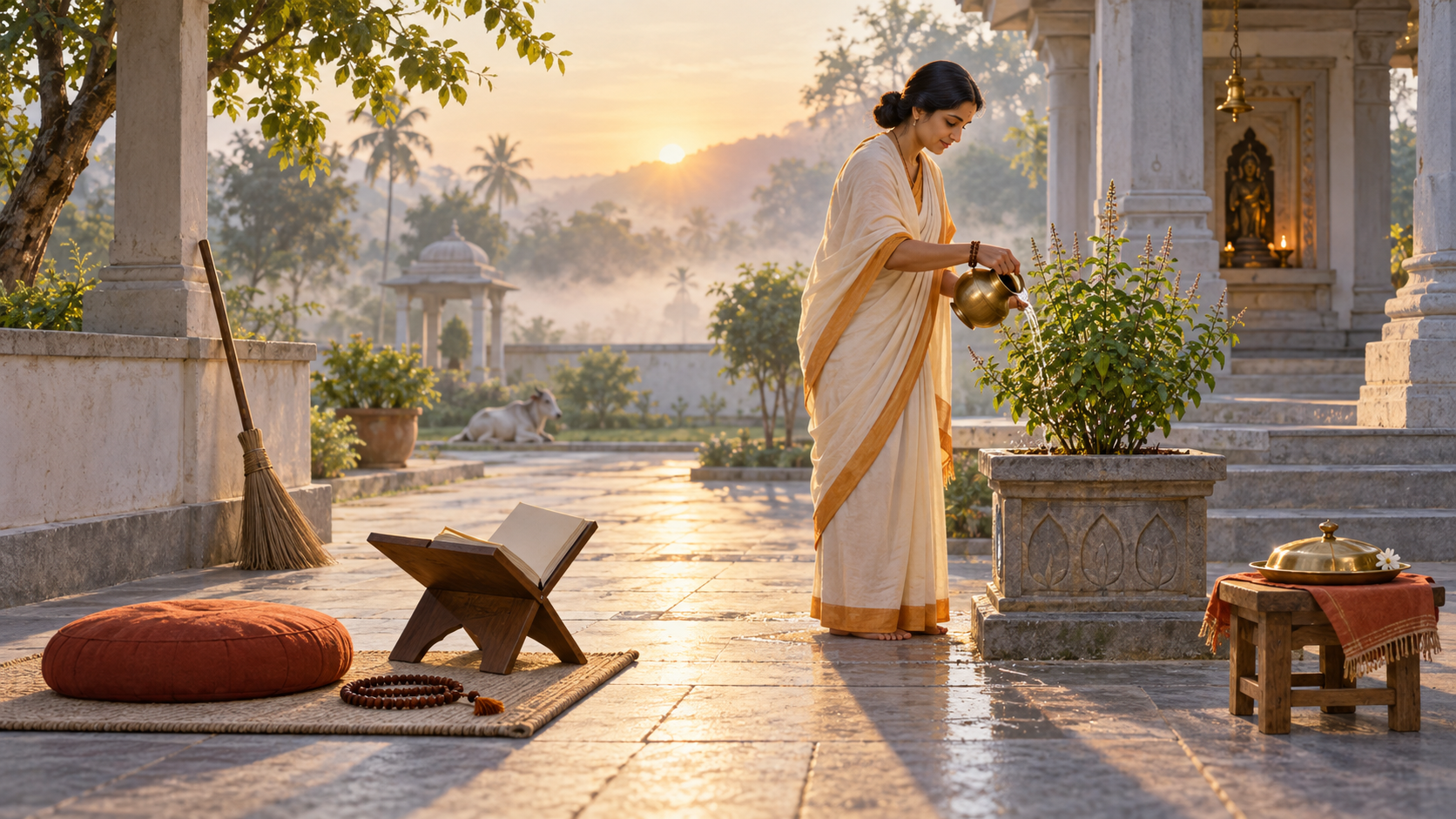 A practitioner waters a tulsi plant in a dawn courtyard arranged with prayer beads, a scripture stand, a broom, and an offering plate.