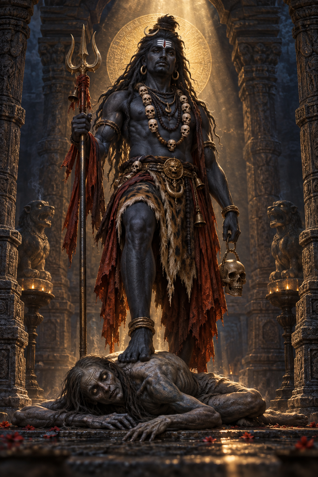 Bhairava stands calmly in a shadowed stone shrine with one foot above a subdued Betala figure, illuminated by a shaft of warm light.