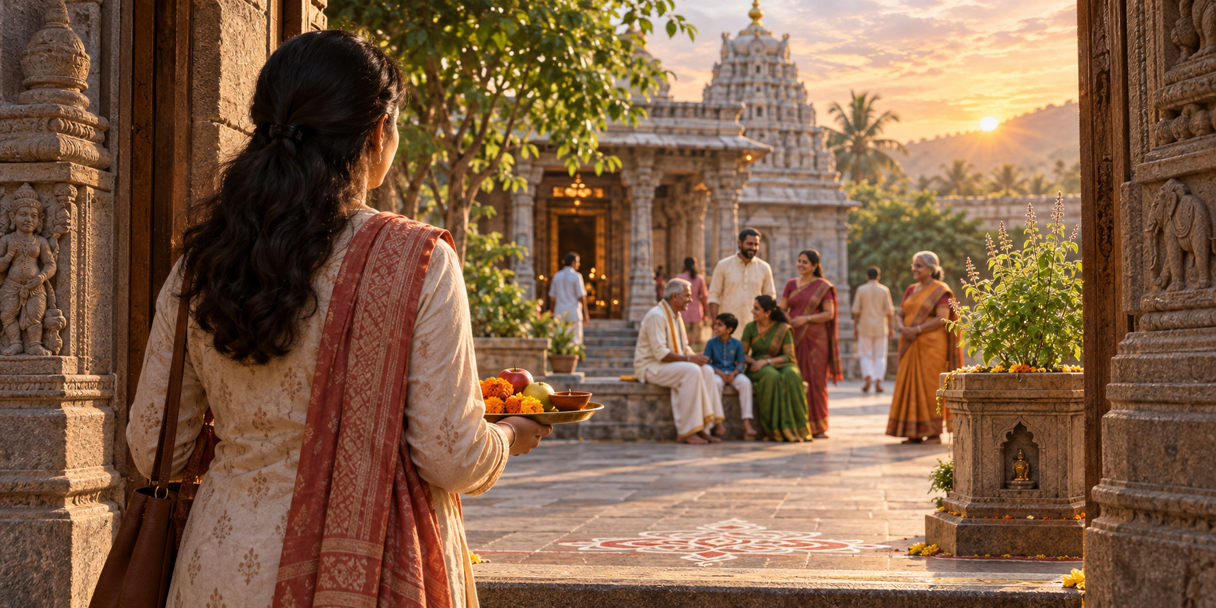 An adult carrying flowers and fruit pauses at the entrance to a Hindu temple courtyard as a multigenerational community gathers inside at sunrise.