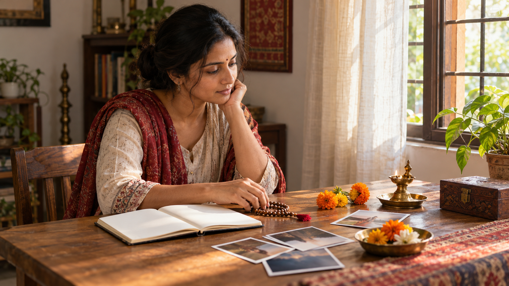 A person reflects at a table with prayer beads, a brass lamp, flowers, a blank journal, and old family photographs.