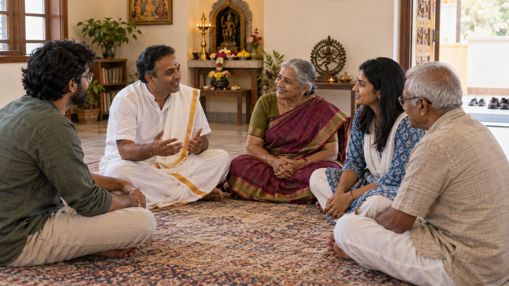 An adult speaks with a temple guide, a community elder, and other members while seated together in a temple room.
