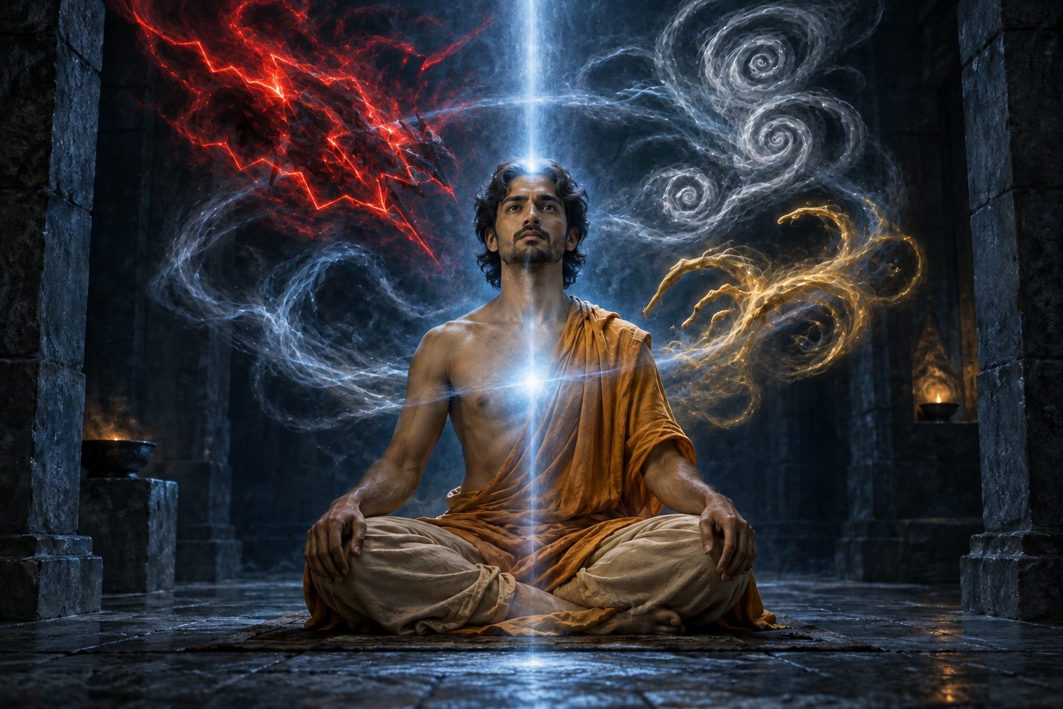 A person meditates in a dim stone chamber while colorful smoke-like forms swirl around a steady column of light.