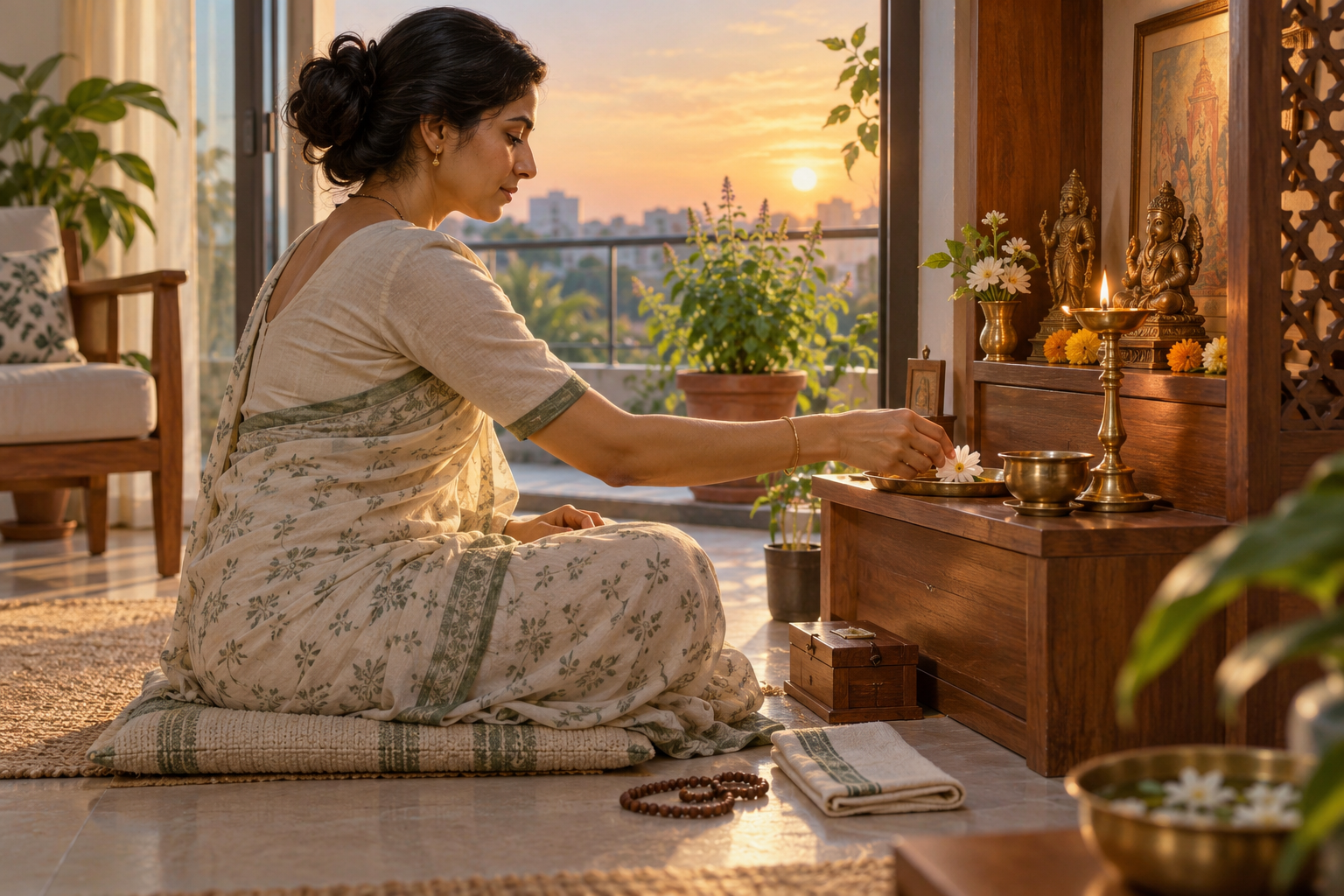 An adult offers a flower at a small home shrine with a lit brass lamp, prayer beads, and a tulsi plant nearby.