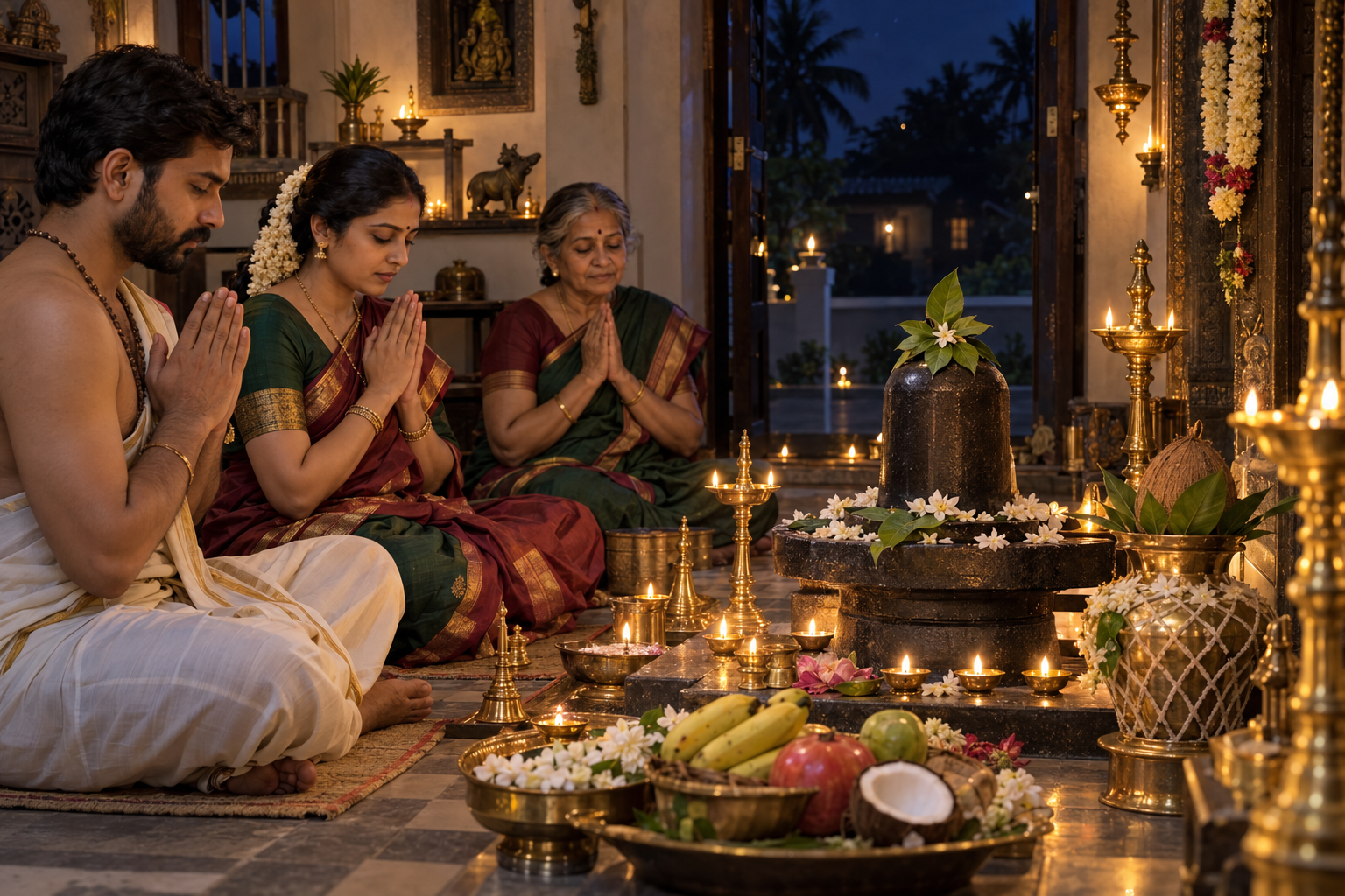 Three worshippers sit before a home shrine with a flower-adorned Shiva linga, ritual vessel, fruit offerings, and rows of brass oil lamps at night.