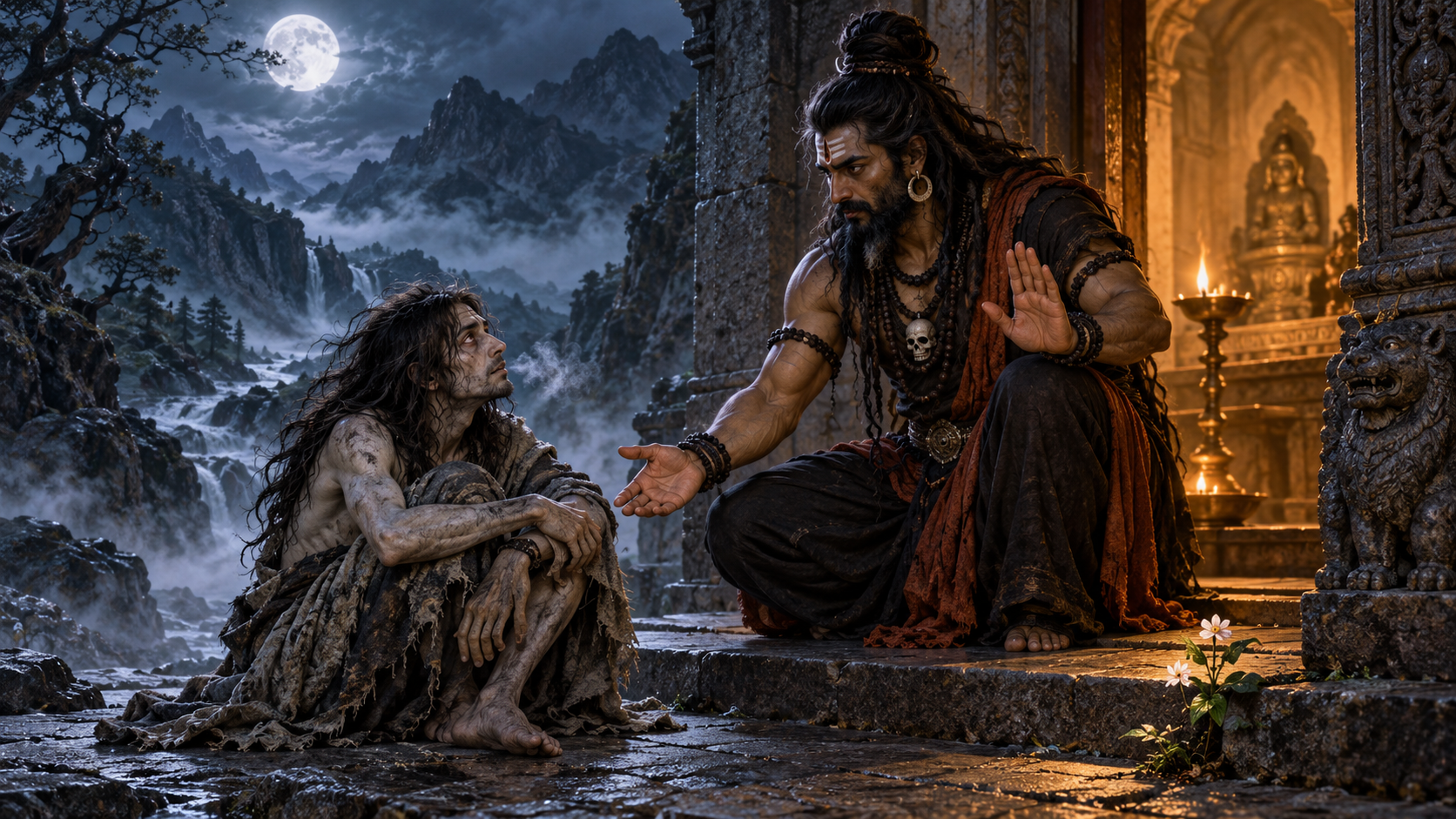 Bhairava kneels protectively beside a calm Betala at the entrance to a warmly lit stone sanctuary.