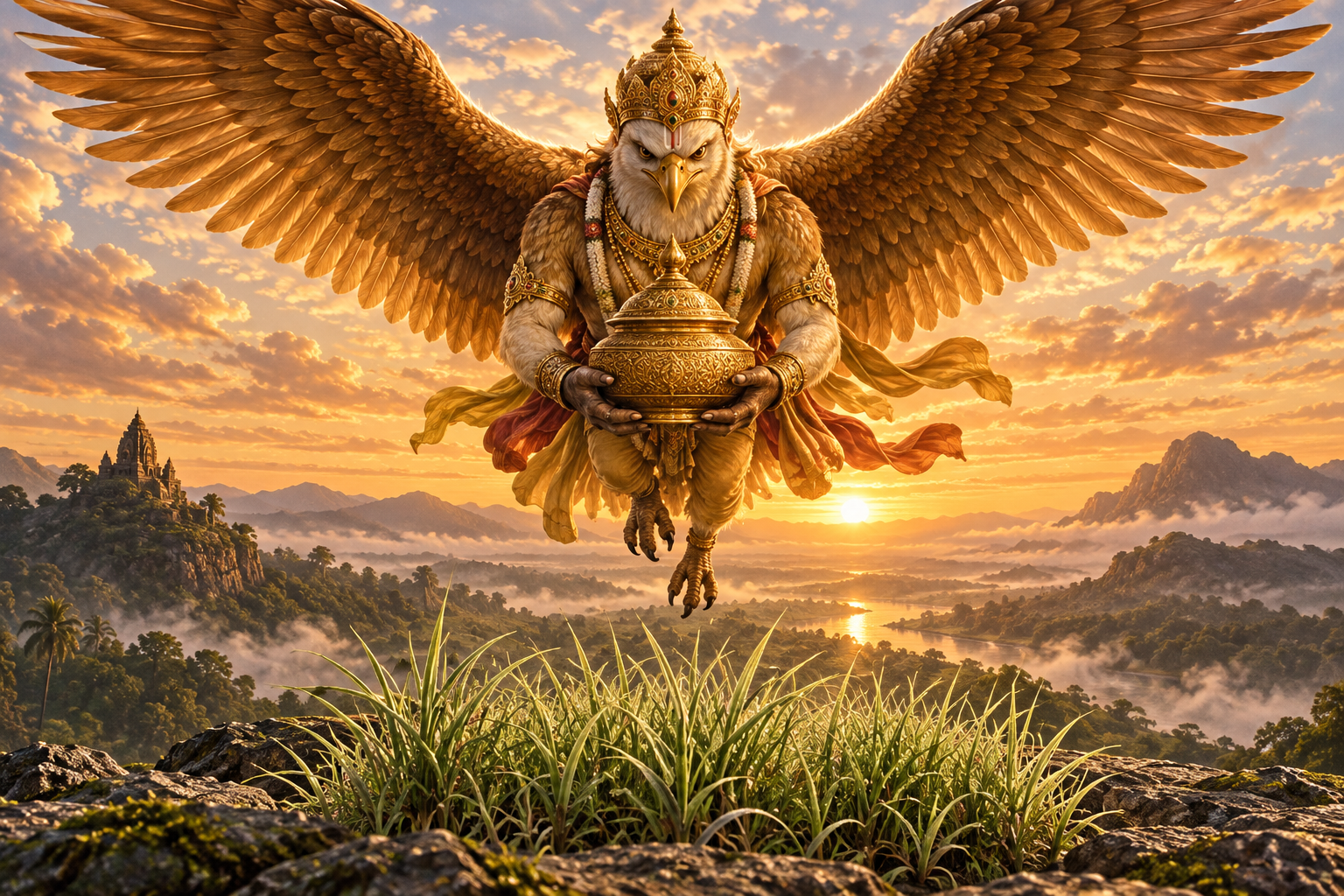 Garuda carries a radiant covered vessel of amrita above a bed of darbha grass at dawn.