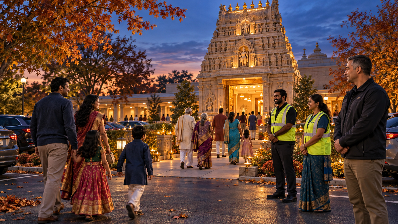 Hindu families arriving at an illuminated suburban temple while community safety volunteers calmly monitor the entrance at dusk.